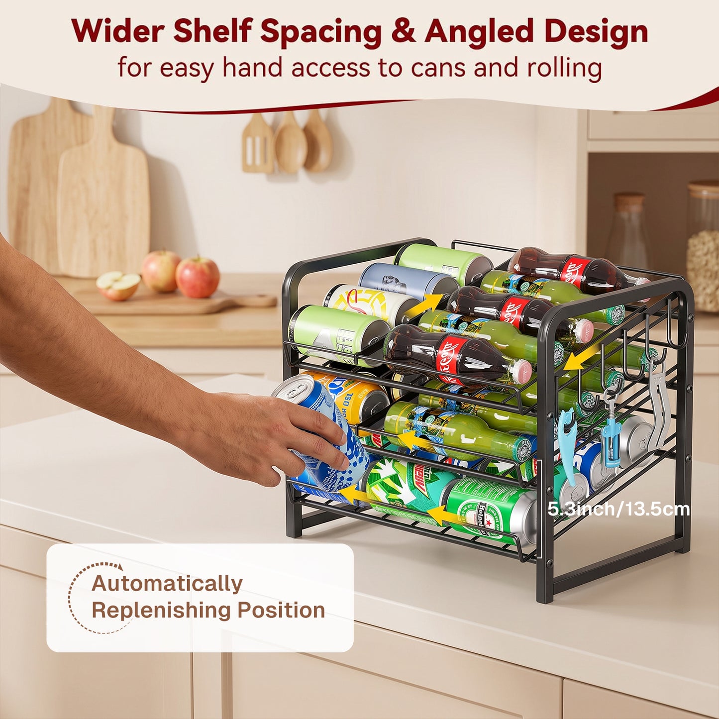 Behome 3 Tier Can Organizer for Pantry, Can Rack Organizer with Adjustable Dividers, Sturdy Can Storage Holder for Canned Food Soda Drinks, Black