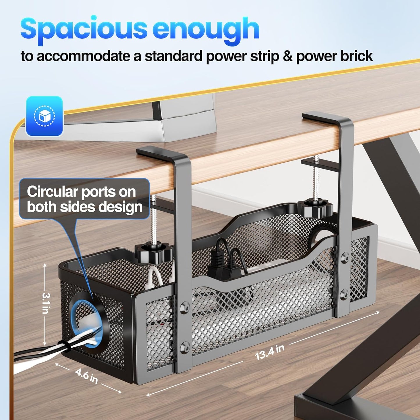 Behome Under Desk Cable Management, Metal Mesh Cord Organizer Under Desk with Clamp Mount, Metal Under Desk Tray with Wire and Cord Organizer, Black