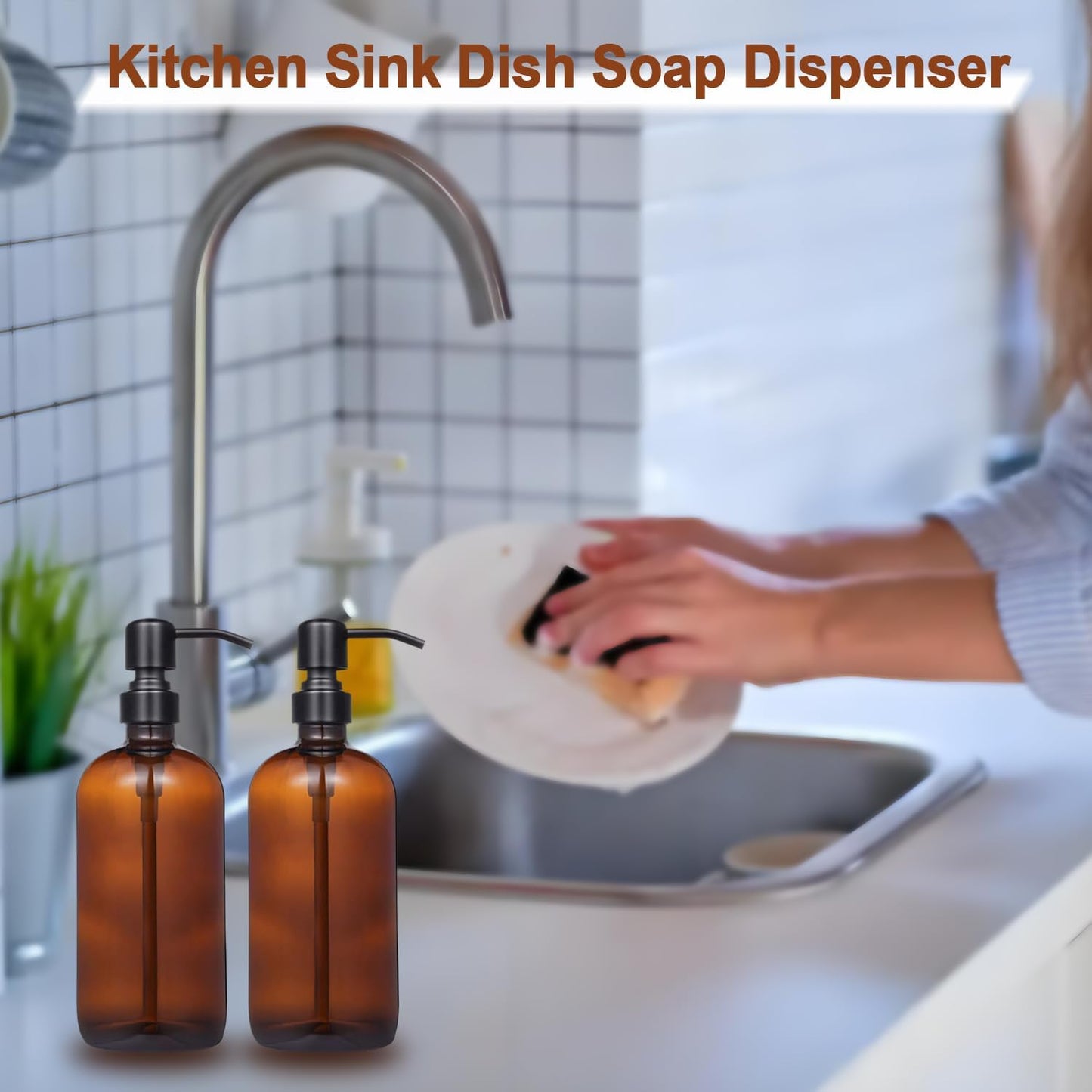 Behome 2 Pack Glass Soap Dispenser with Labels, 17 Oz Amber Hand Soap Dispensers with Stainless Steel Pump, for Essential Oil, Lotion
