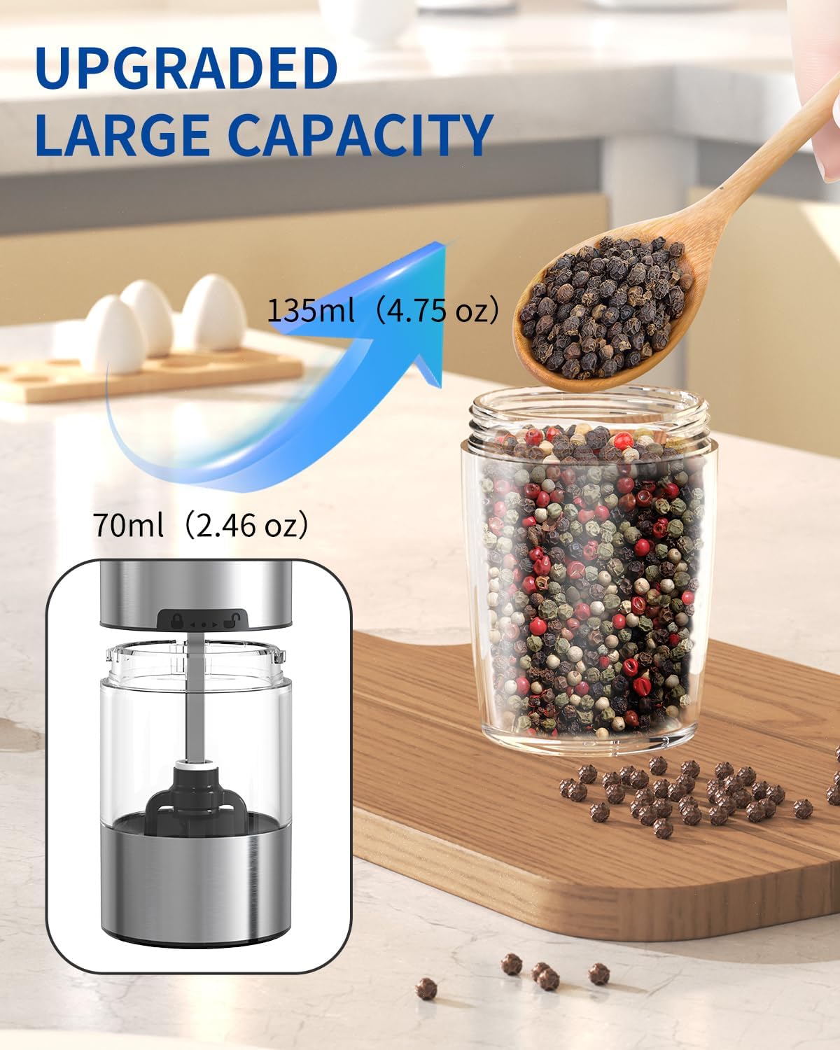 BN-LINK Gravity Electric Pepper and Salt Grinder Set, 2pack Battery Operated Automatic Pepper Mill Grinder with LED Light, Adjustable Coarseness, One Hand Automatic Operation, for Home Kitchen BBQ