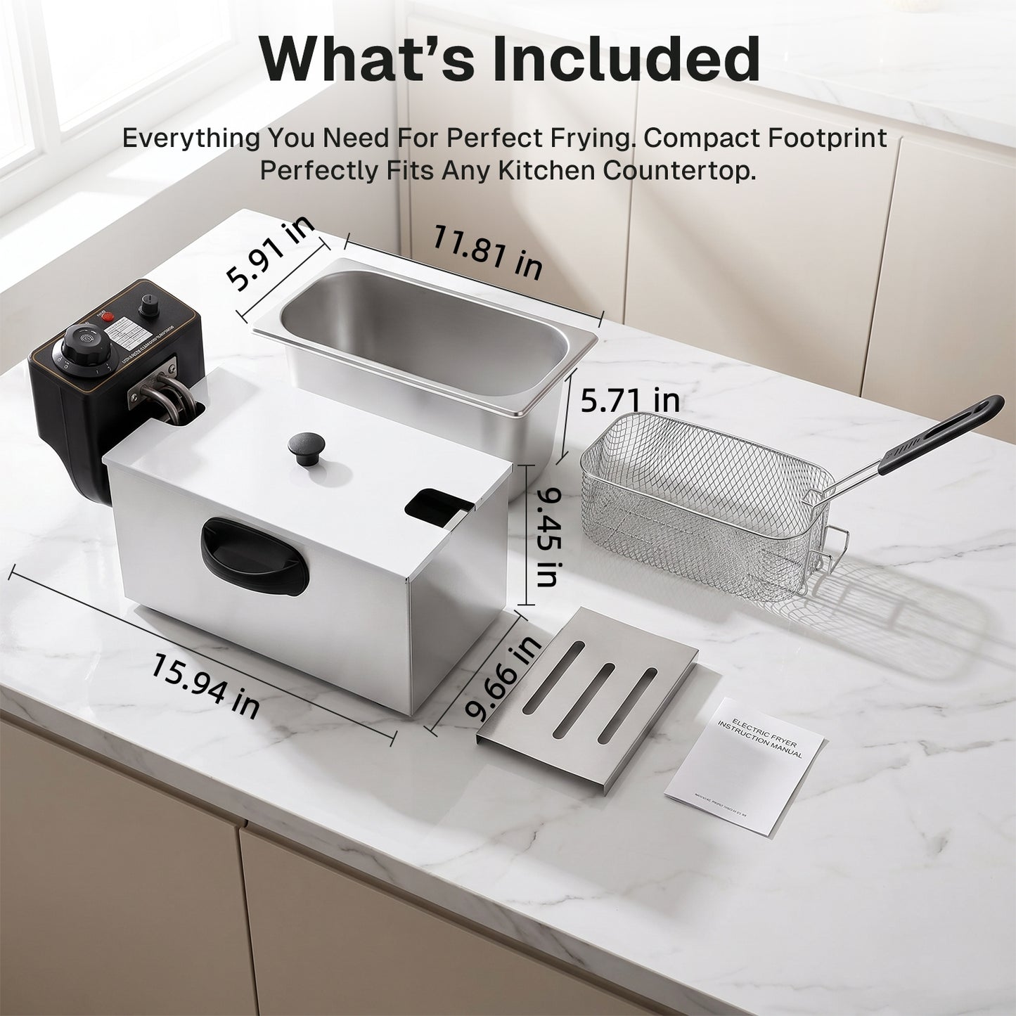 Behome Deep Fryer with Basket, 1400W 4.23QT/4L Thickened Stainless Steel Countertop Electric Oil Fryer, Easy Clean with Adjustable Temperature & Timer, Silver