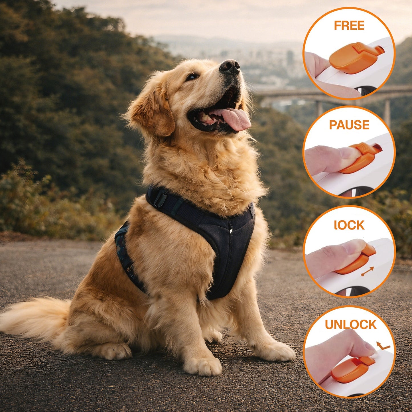 Behome 16Ft Retractable Dog Leash,Walking Leash for Medium Dogs/Cats Up to 66lbs,Luminous Spring Strong Nylon Tape, 360° Tangle Free, One-Handed Brake