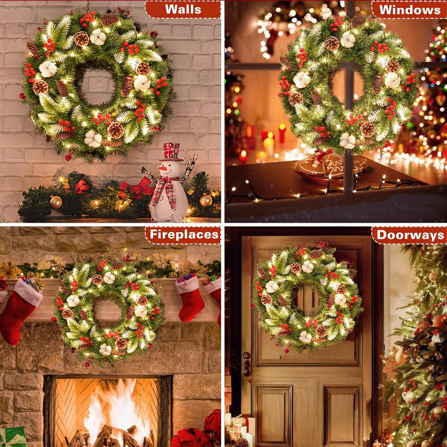 BN-LINK 24 Inch Pre-Lit Artificial Christmas Wreath, 8 Lighting Modes & 50 LED Lights & 180 Branch Tips, X-max Decoration for Home Wall Window Porch