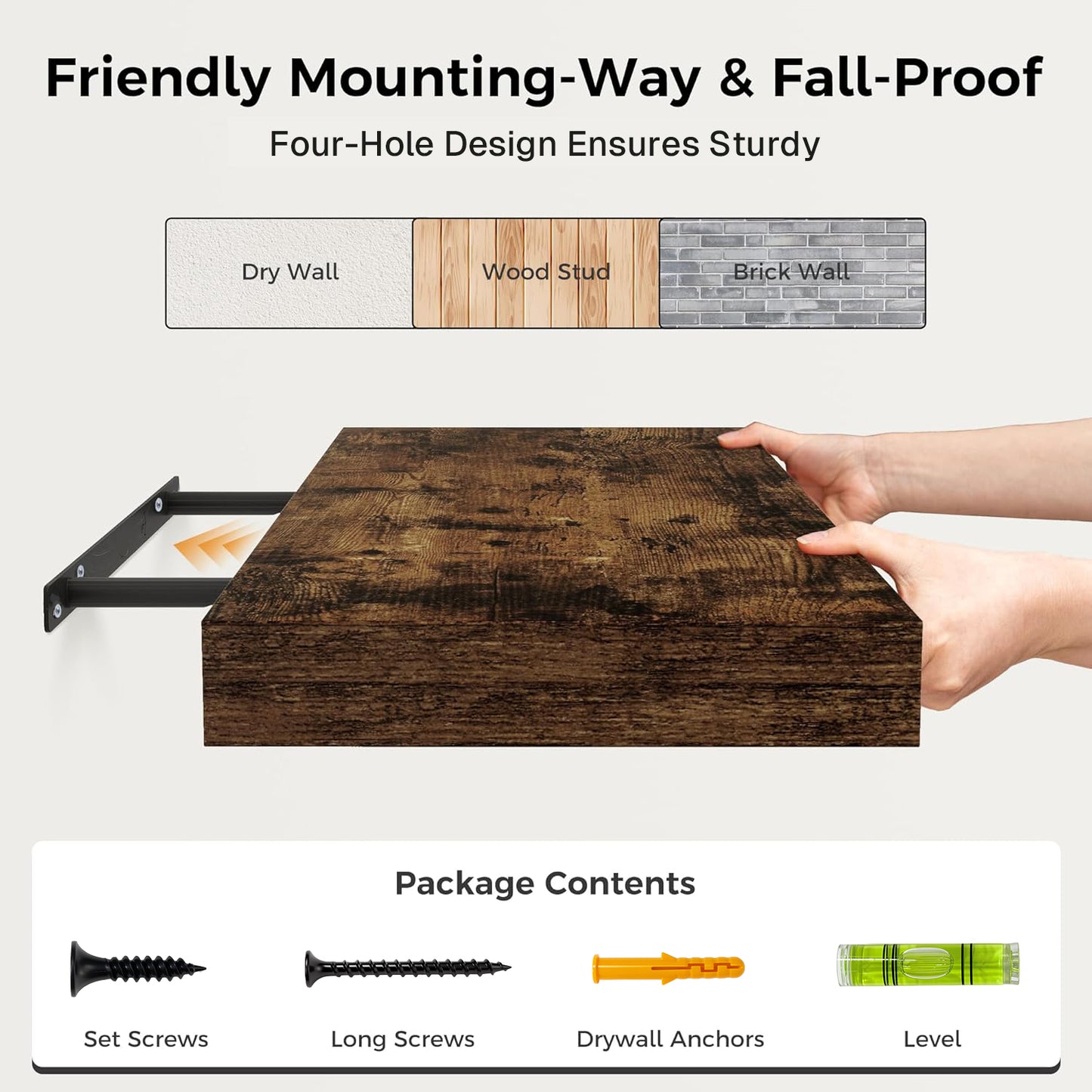 Behome 2 Pack Floating Shelves for Wall, 15.7" Farmhouse Rustic Wood Wall Mounted Shelves, Heavy Duty Hanging Shelf for Bathroom, Bedroom, Living Room or Kitchen