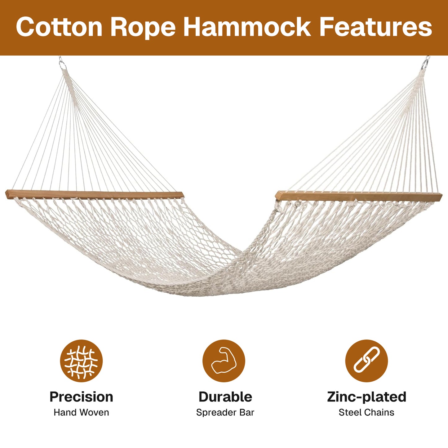 BN-LINK Cotton Rope Hammock,Handwoven Hammock with Hardwood Spreader Bars,Double Hammock for Outdoor Backyard Patio Poolside,330 LBS Weight Capacity, Natural