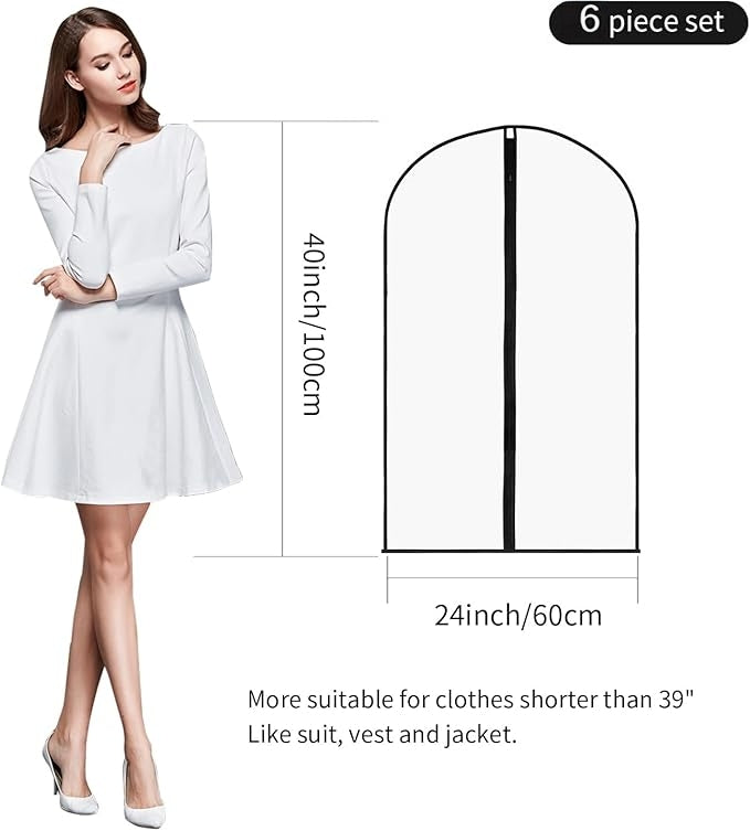 Behome Garment Bags for Hanging Clothes, 40" Suit Bags for Closet Storage and Travel, Dress Bags for Gowns Long, 6 Pack (Black)