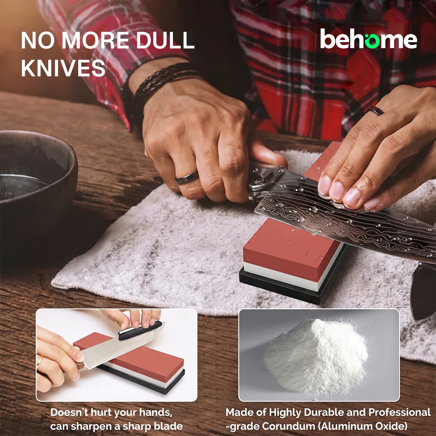 Behome Knife Sharpening Stone Set, Whetstone 4 Side Grit 400/1000 & 3000/8000, Knife Sharpening kit with Bamboo Rubber Base, Angle Guide, Flattening, Honing Guide, Leather Strop