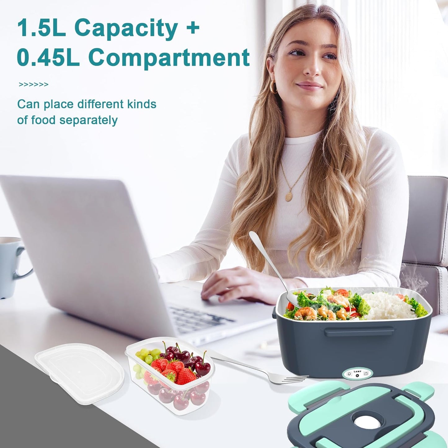 Behome Electric Lunch Box, 3 in 1 Heated Lunch Boxes for Adults, Stainless Steel Food Warmer with 1.5L Container Fork & Spoon, for Work/Car/Truck/Travel