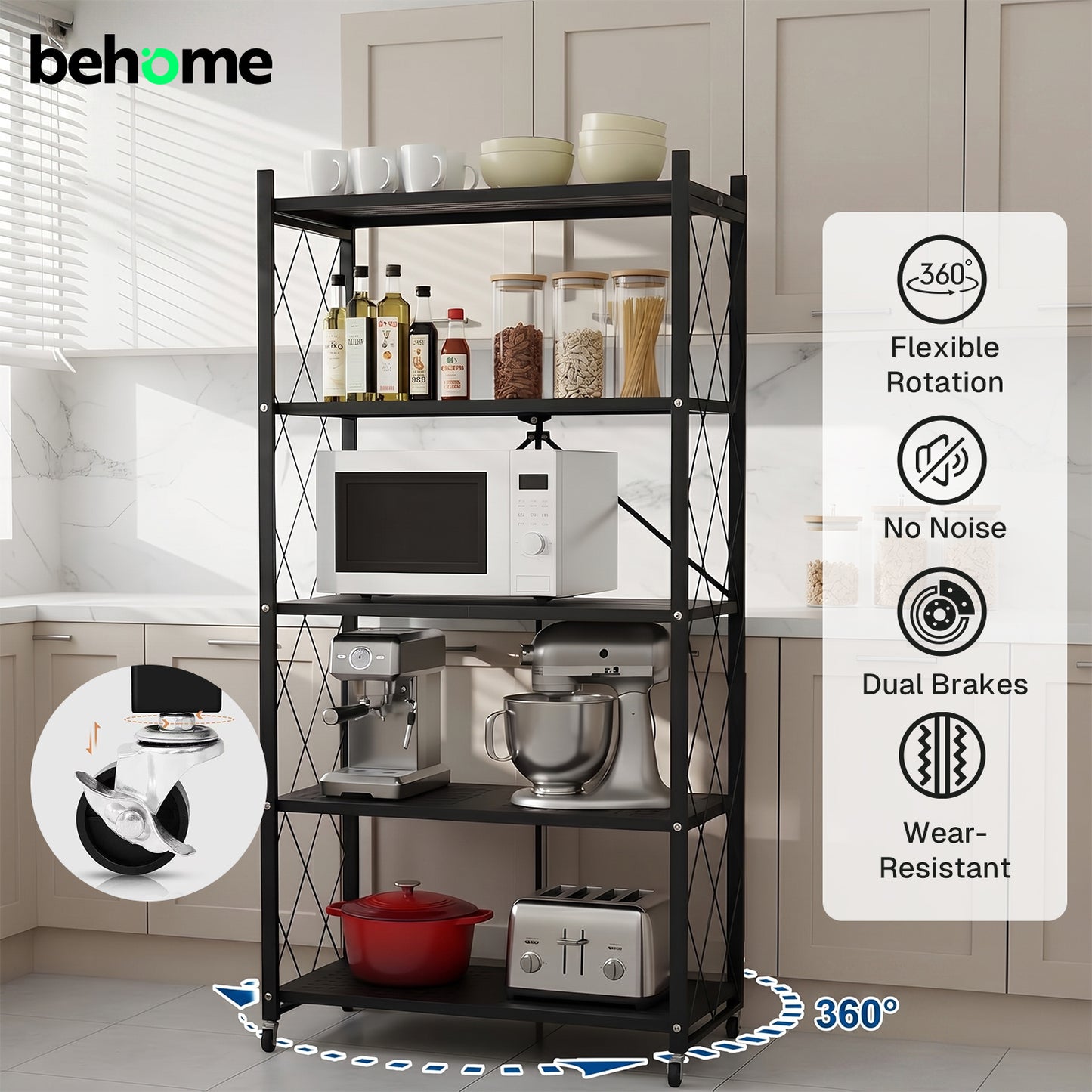 Behome 5 Tier Foldable Storage Shelves with Wheels, 28.1"x 13.4"x 61" Metal Shelving, No Assembly Storage Rack for Garage Kitchen, Basement, Pantry