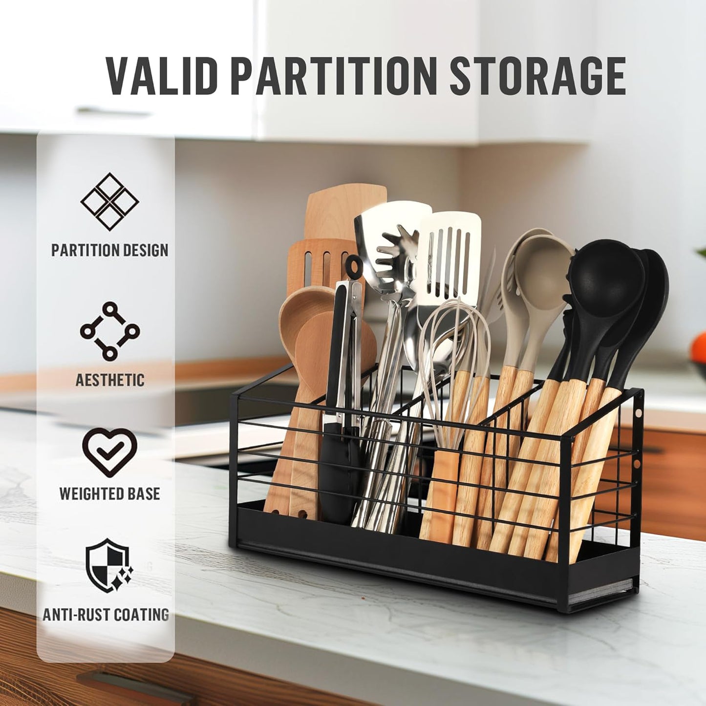 Behome Extra Large Kitchen Utensil Holder, 4 Compartments & Diatomaceous Earth Base, Wall Mounted Anti Rust Metal Holder for Kitchen Counter, Farmhouse Cooking Utensil Storage, Black
