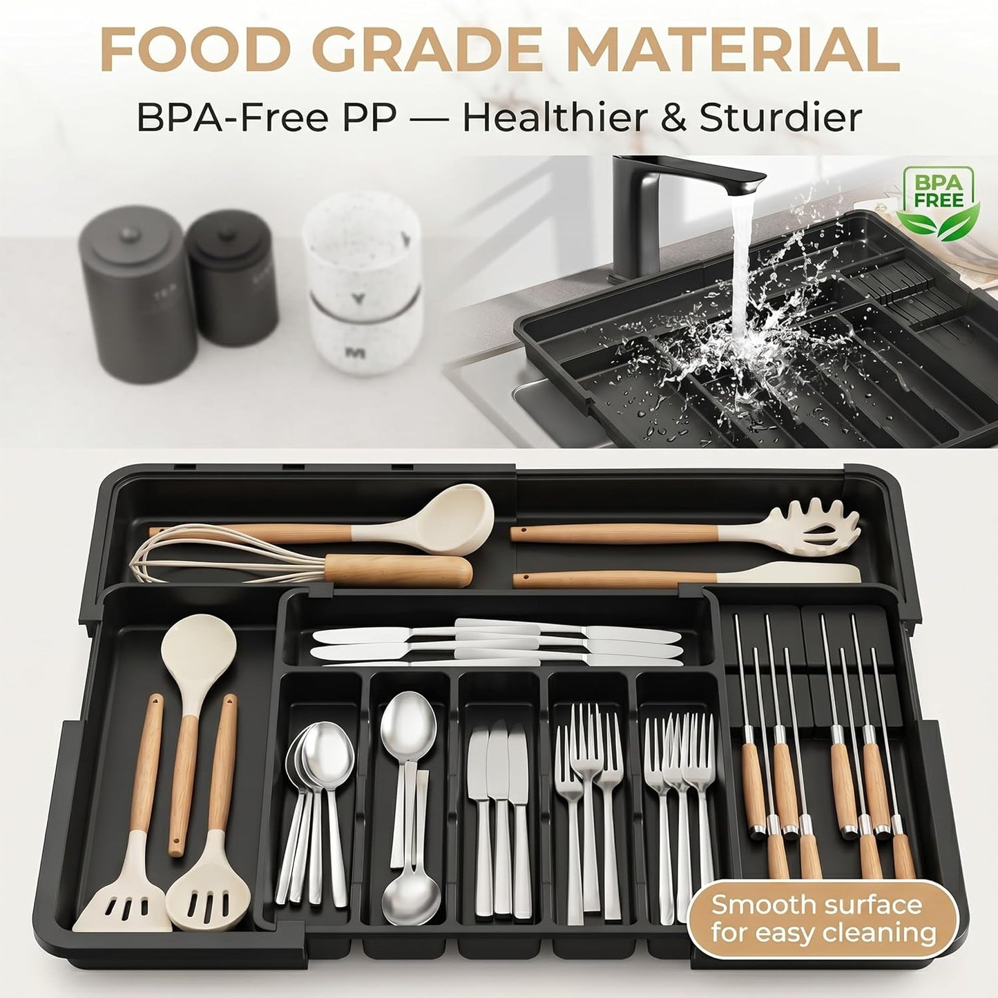Behome Silverware Organizer, Expandable Silverware Tray for Drawer, Space-Saving 9 Storage Compartments Holds Silverware, Multipurpose Kitchen Drawer Organizer for Forks, Knives, Black