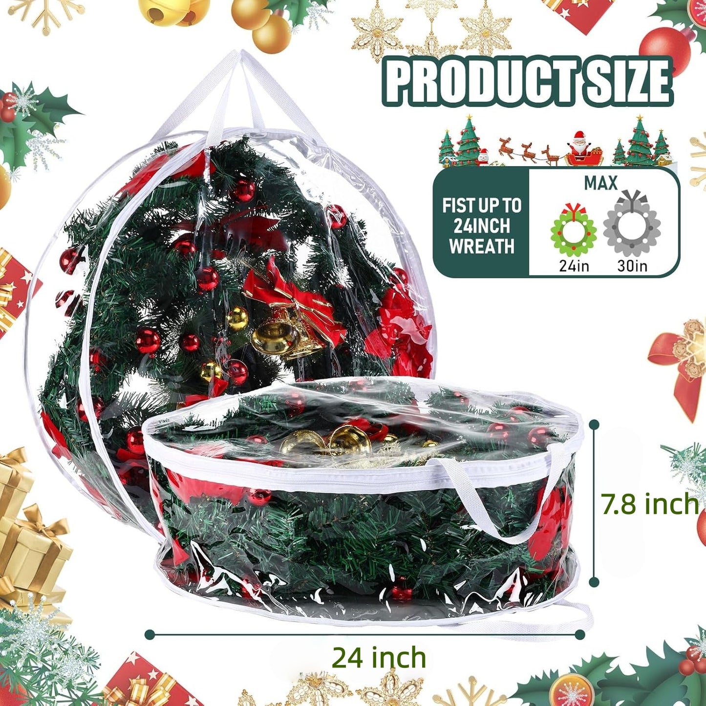 Behome 2 Pack Christmas Wreath Storage Bag, Clear Christmas Decoration Garland Container, Durable Zipper PVC Holiday Wreaths Storage Holder with Handles (White, 24”)