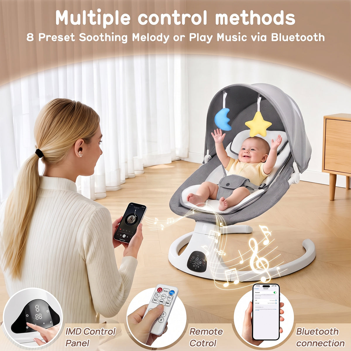 Behome Baby Swing for Infants, Bluetooth Baby Bouncer with 5 Swing Speed, 3-Stage Timer and Remote Control, Baby Swing Chair from Birth with 2 Plush Toys and a Mosquio Net, Grey
