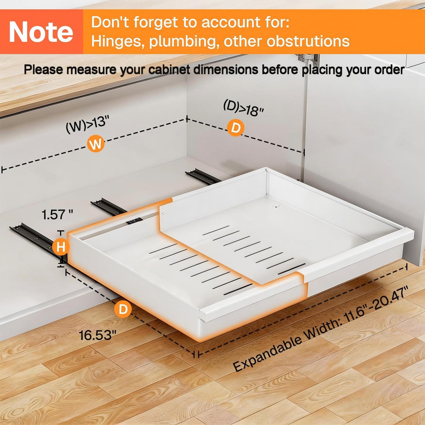 Behome 2 Pack Pull out Cabinet Organizer, Expandable (11.6"-20.5") Slide out Drawers Upgrade 3 Slide Rails, Roll out Shelf Storage for Kitchen Cabinet Organizer with Adhesive Nano Film, White