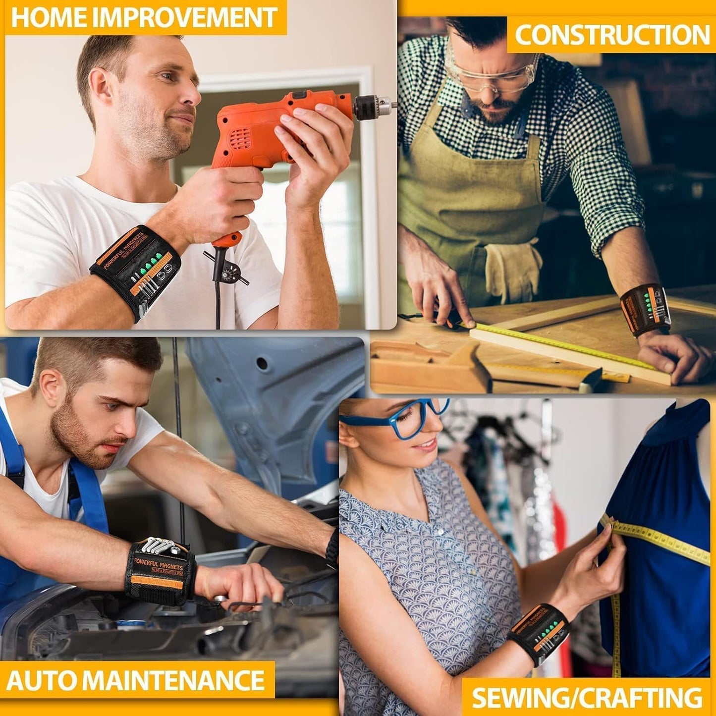 BN-LINK Magnetic Wristband for Tools, Lightweight Magnetic Wristband with 2 Pockets, 10 Strong Magnets Wrist Magnetic Holder for Holding Screws, Nails, Drill Bits