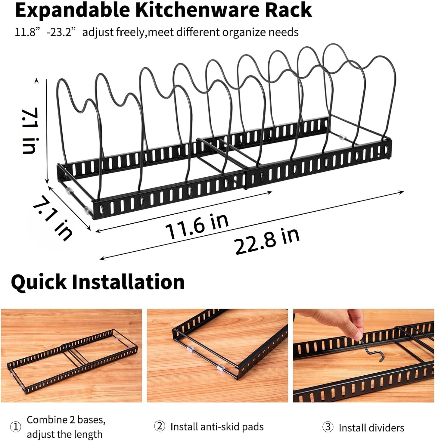 Behome Pots and Pans Organizer Under Cabinet, Expandable Pot Lid Organizer Holder with 10 Adjustable Dividers, Kitchen Pot Pan Lid Rack Storage Holder Organizers, Black