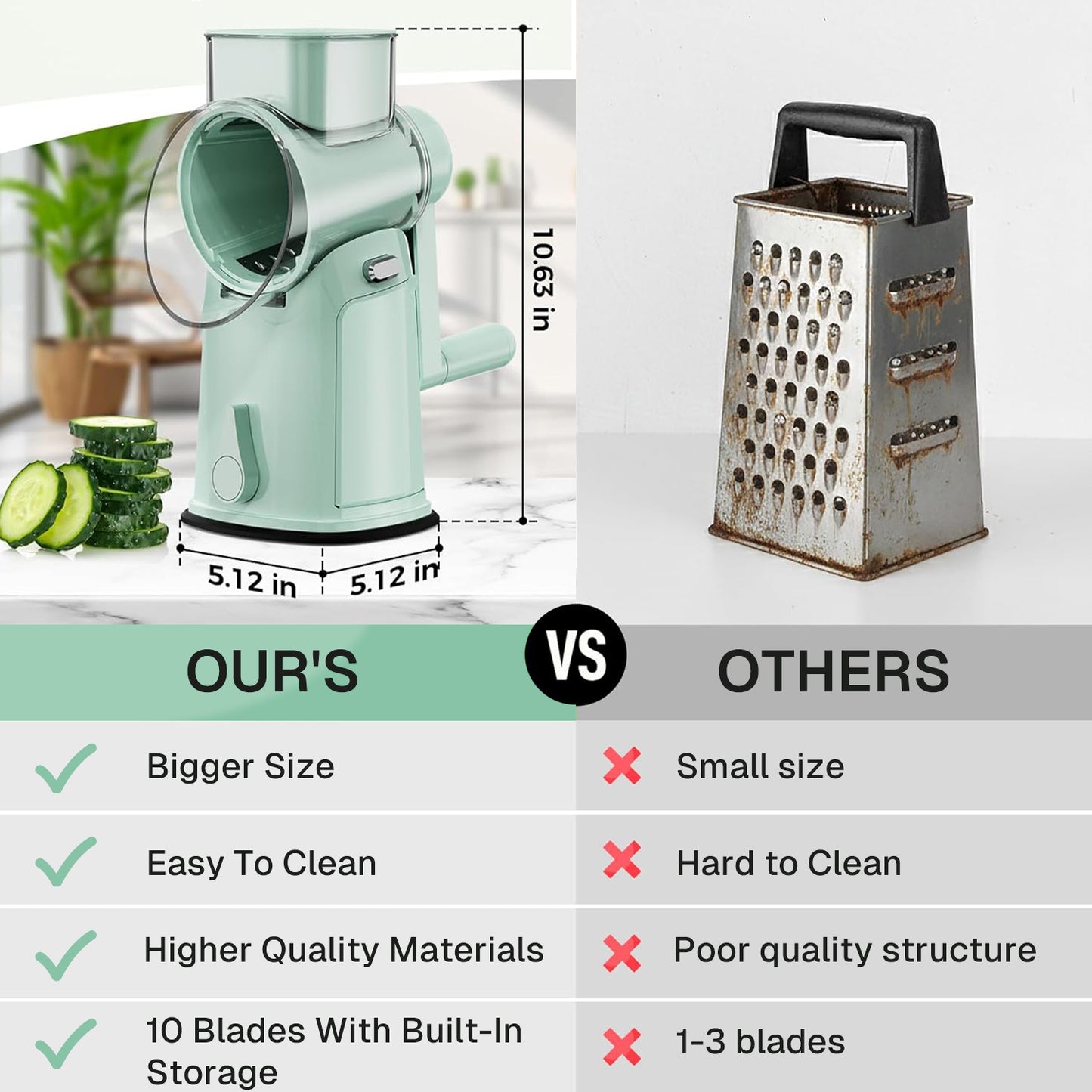 Behome Rotary Cheese Grater Hand Crank, Vegetable Slicer with 10 Interchangeable Blades & Non-slip Suction Base, Cheese Shredder for Kitchen, Cheese & Vegetables