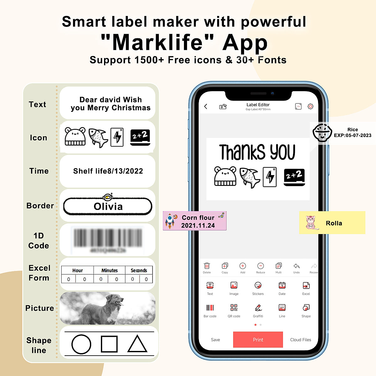 BN-LINK Label Maker Machine with Tape, Portable Thermal Label Printer with Multiple Templates, Wireless Bluetooth Label Maker for Home, Kitchen, School, Office