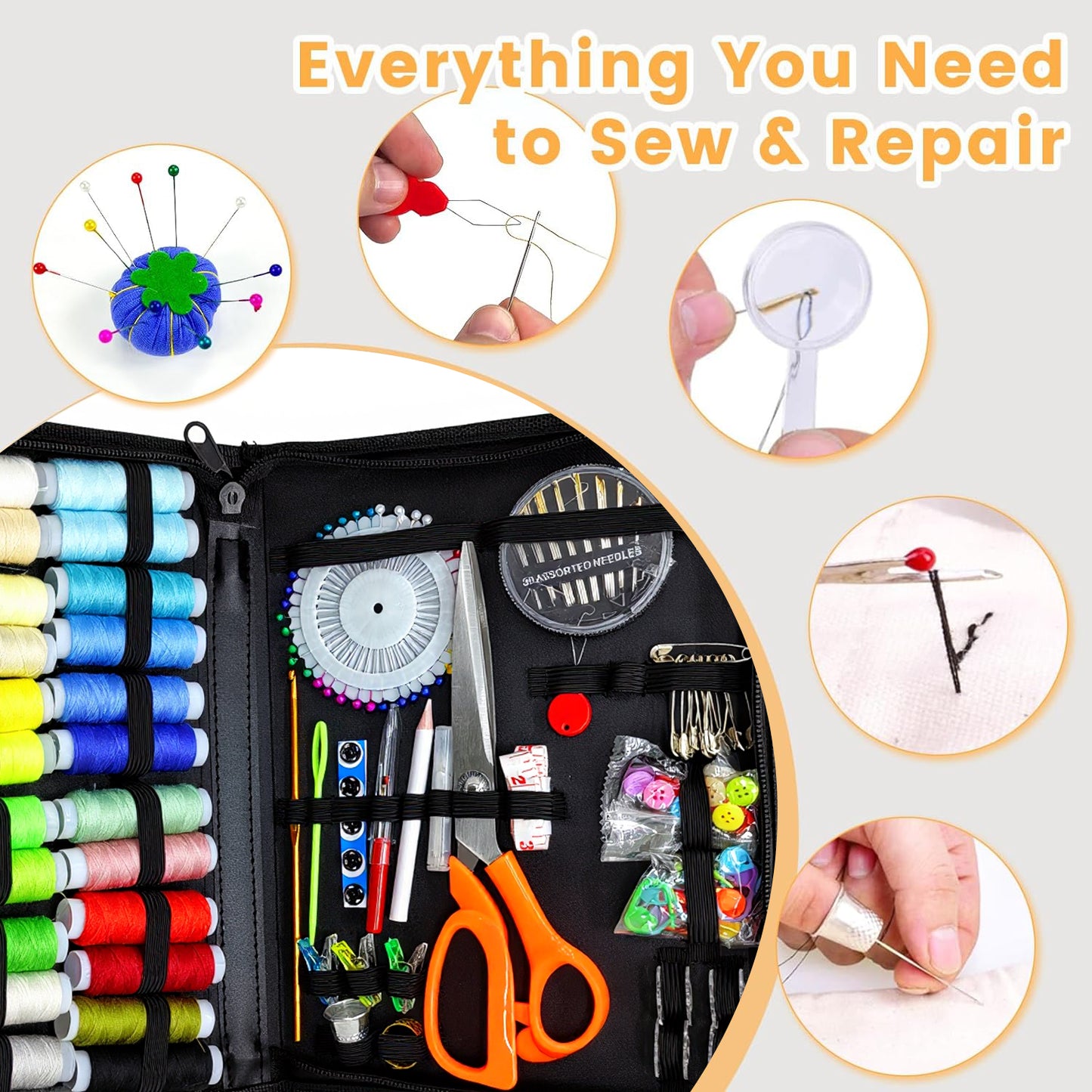 Behome Sewing Kit for Adults, 201Pcs Needle and Thread Kit, Portable Sewing Supplies Accessories for Emergency Clothing Repairs, Travel, and Home Mending