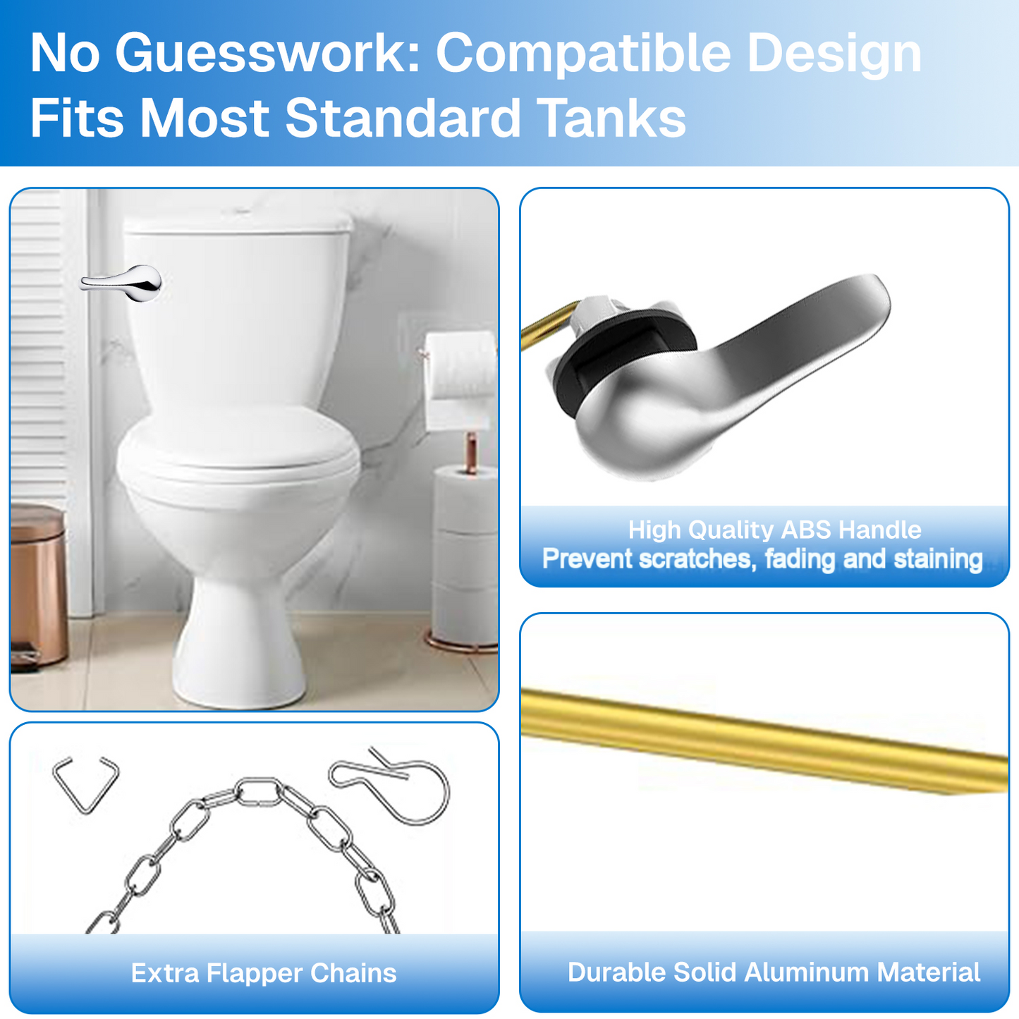 Behome 2 Pack Front Mount Toilet Handle Replacement Kit, Universal Toilet Flush Handle with Stainless Steel Flapper Chains, Toilet Flush Tank Lever, Brushed Nickel
