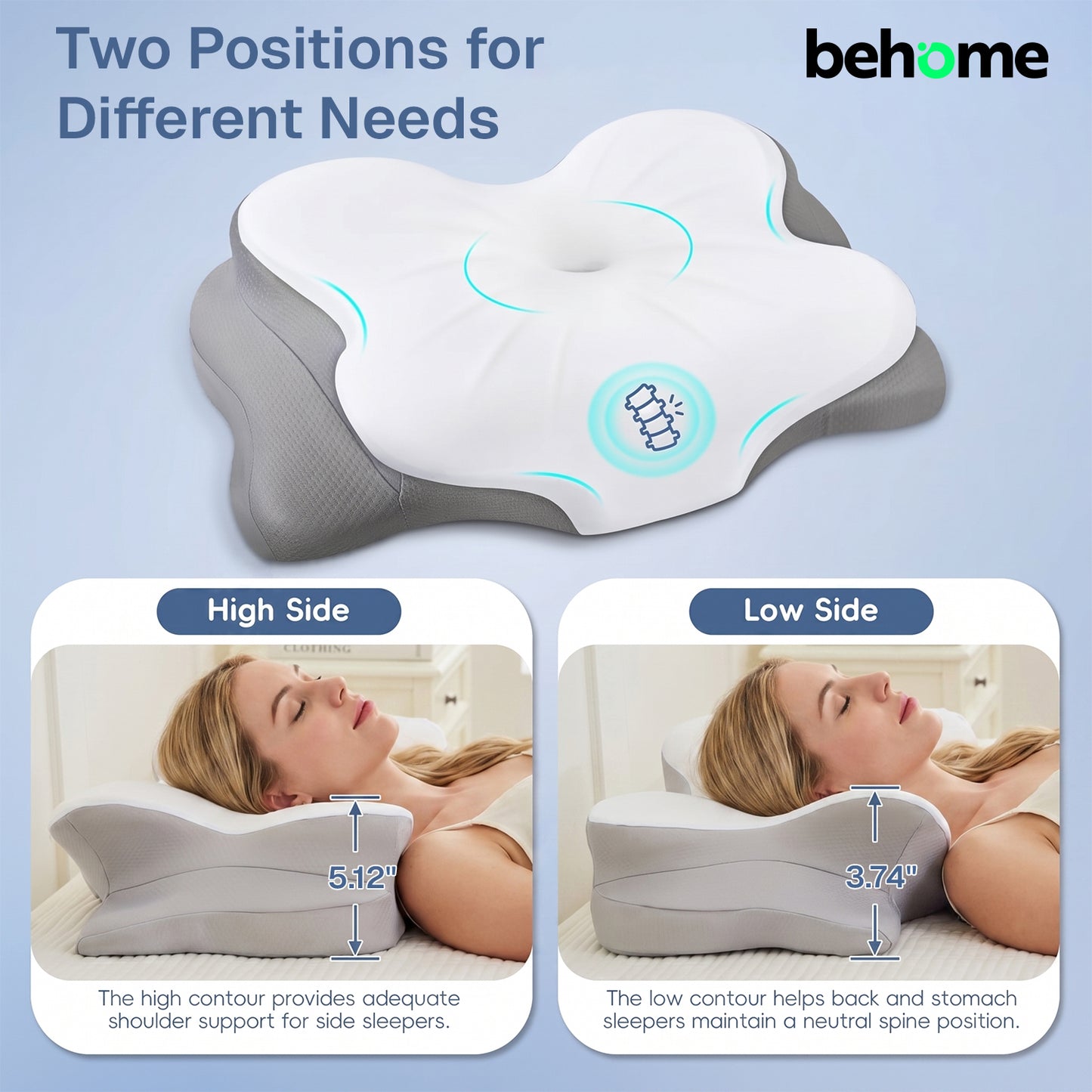 Behome Cervical Pillow for Neck Pain Relief, Ergonomic Contour Memory Foam Pillows with Cooling Case, Neck Support Pillow for Side Back Stomach Sleeper