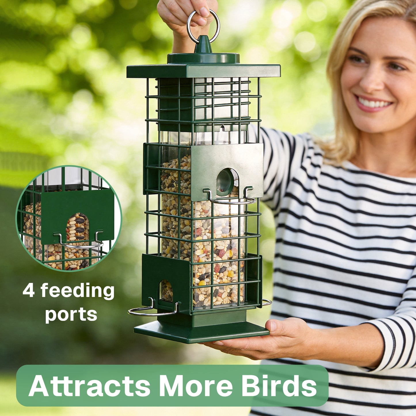 BN-LINK Squirrel Proof Bird Feeder, Metal Bird Feeder with 4 Ports, Chewing Proof&amp; Rust-Resistant, 3 lb Capacity, Outdoor Hanging Birdfeeder for Wild birds,Green