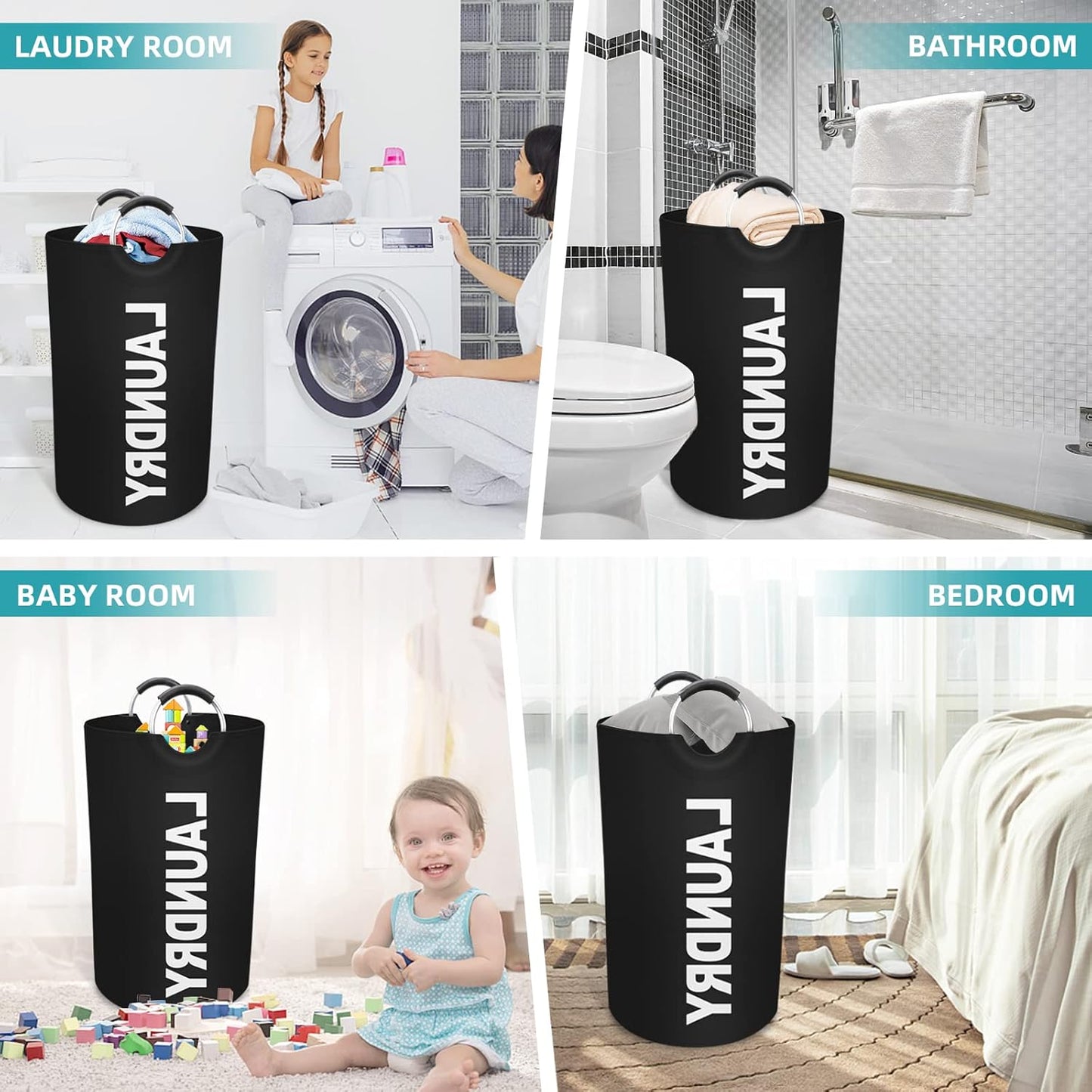 Behome 90L Laundry Basket, Laundry Bag with Padded Handles, Waterproof Collapsible Laundry Basket for Bathroom, Bedroom & Laundry Room, 2 Pack, Black