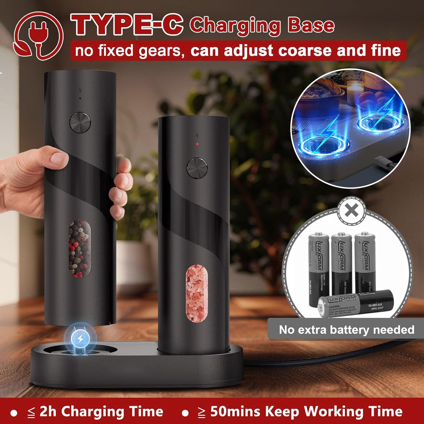 BN-LINK 2Pack Electric Pepper and Salt Grinder Set, Rechargeable Salt and Pepper Mill with LED Light, Charging Base & Adjustable Coarseness, One Hand Automatic Operation, for Kitchen, Outdoor, Black (4.7) | 103 ratings