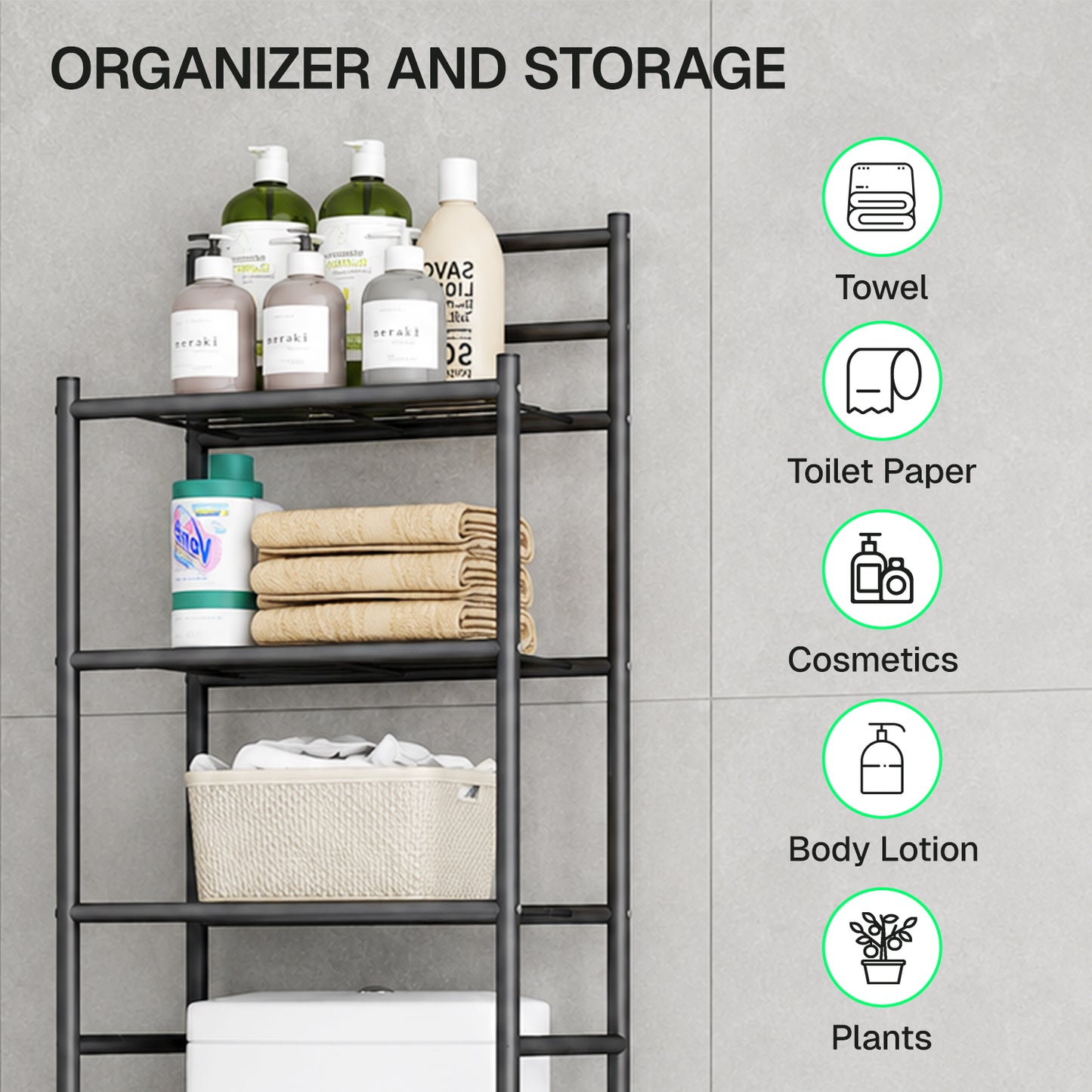 Behome 3-Tier Over The Toilet Storage Shelf, Bathroom Organizer Shelf Over Toilet with 6 Hooks, Freestanding Space Saver Bathroom Storage Shelves