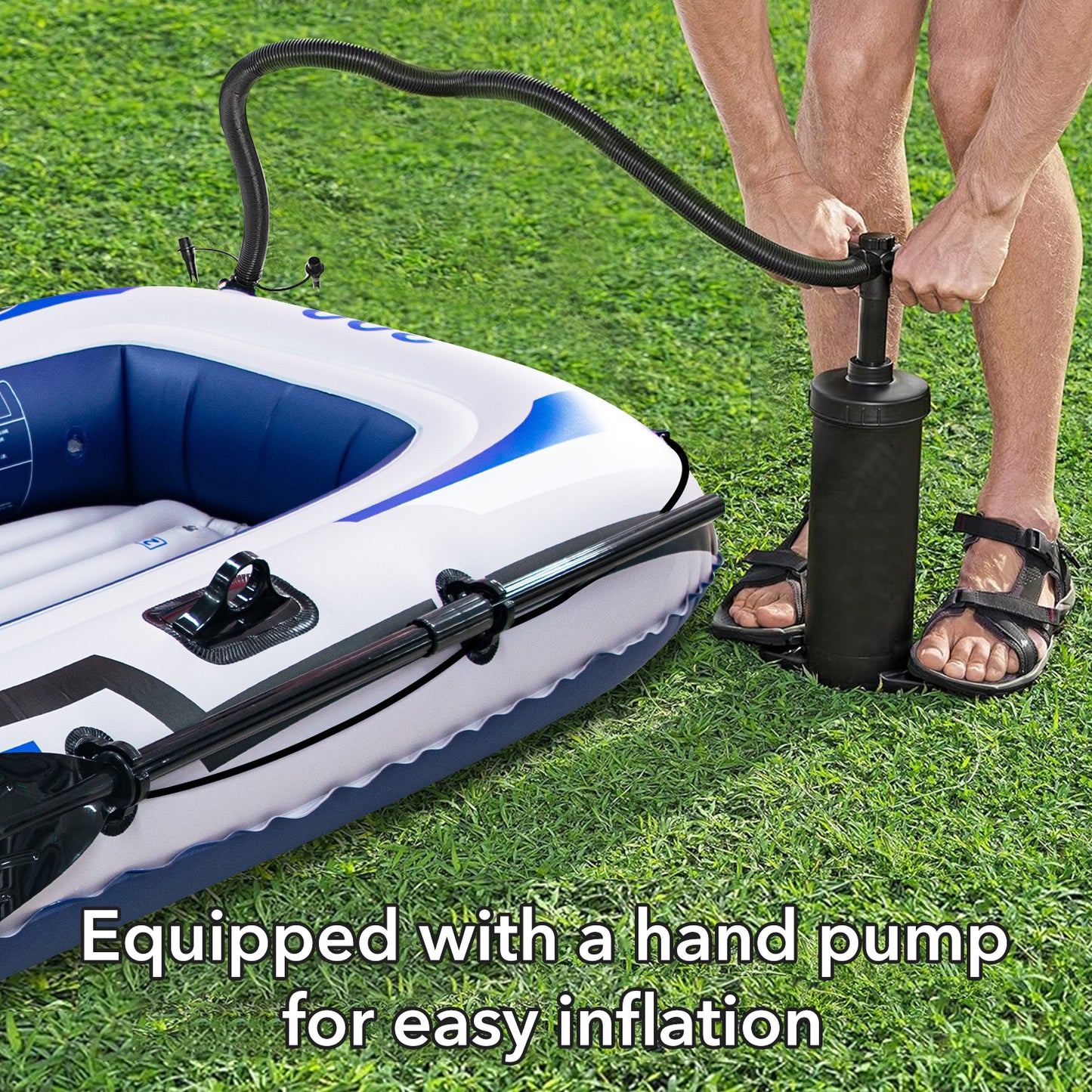 BN-LINK 4-Person Inflatable Boat Series with Seats, Inflatable Raft with a Pair of Deluxe Oars, High-Output Pump, Detachable Fishing Rod Holders, Fishing Boat for Ponds, Lakes, Rivers