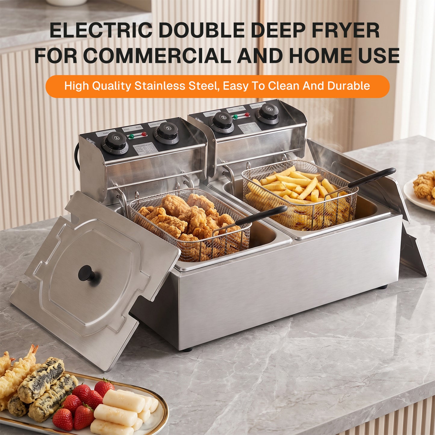 Behome Deep Fryer with 2 Baskets, 3000W 6.34QT/6L x 2 Thickened Stainless Steel Countertop Electric Oil Fryer, Easy Clean with Adjustable Temperature & Timer, Silver