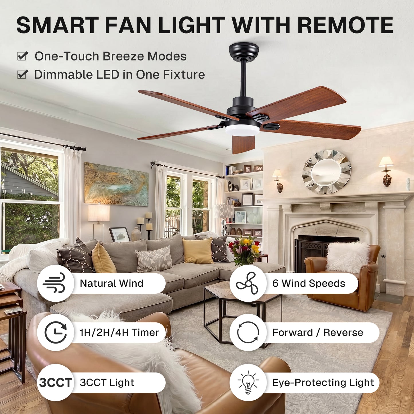 Behome 42" Wood Ceiling Fan,Ceiling Fans with Lights and Remote Control, Wood Blades, Flush Mount, 6 Speeds DC Reversible, 3CCT, Dimmable, Noiseless, for Bedroom, Living Room