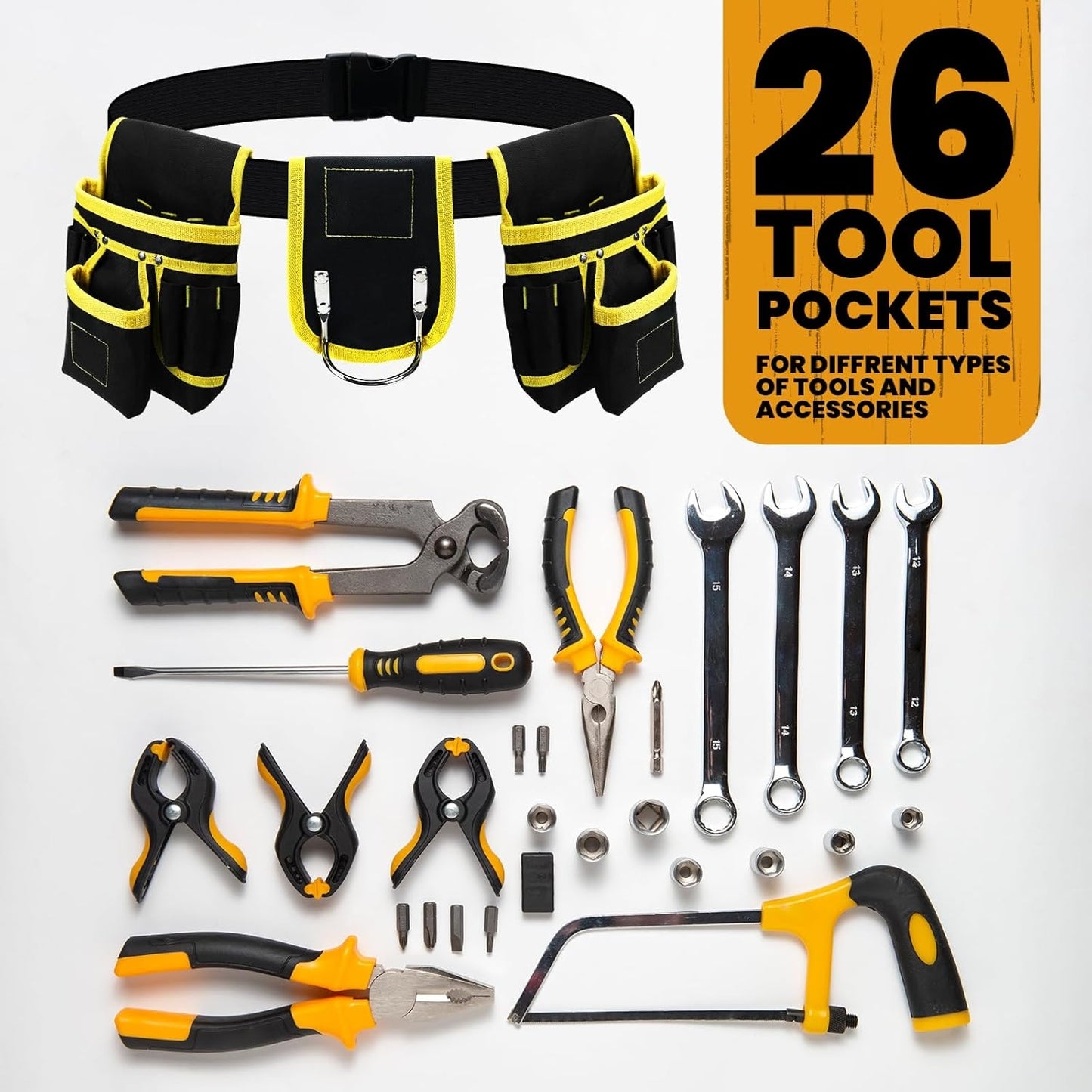 Behome Tool Belt, 26 Pockets Heavy Duty Tool Pouch, Detachable Adjustable Utility Belt Work Bags for Electrician, Carpenter, Black and Yellow