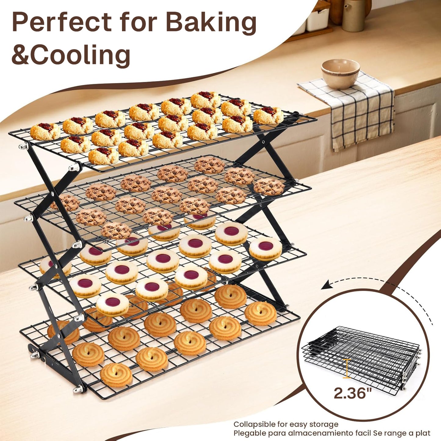 Behome 4-Tier Collapsible Cooling Rack, 3 Setting Design Stackable Baking Rack, Dishwasher Safe Cooling Racks for Cooking, Baking, Roasting & Grilling