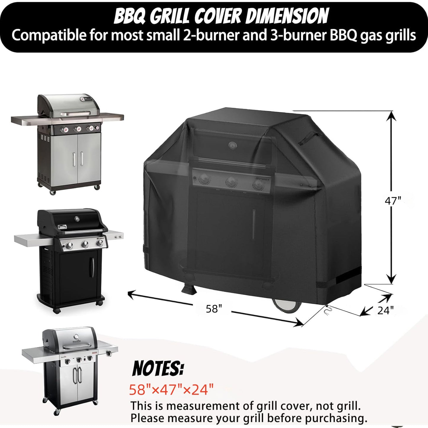 BN-LINK Grill BBQ Cover, 420D Outdoor Heavy Duty Waterproof Barbecue Gas Cover, All Weather Protection, 58"W x 24"D x 47"H, Black