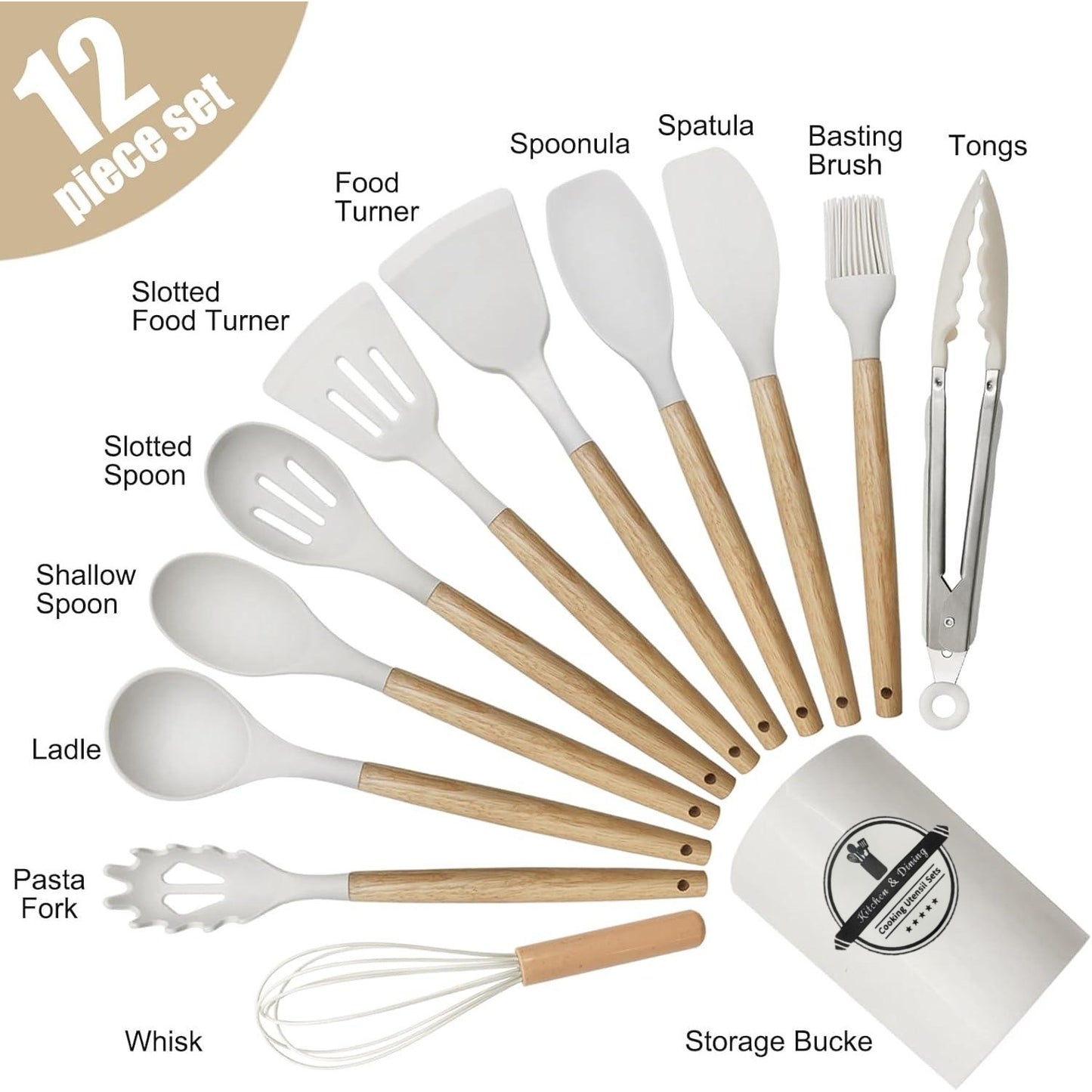 Behome Cooking Utensils Set, 12 packs Non-Stick Silicone Cooking Kitchen Utensils Spatula Set with Wooden Handles and Holder, Heat Resistant Food Grade Kitchen Utensils, White