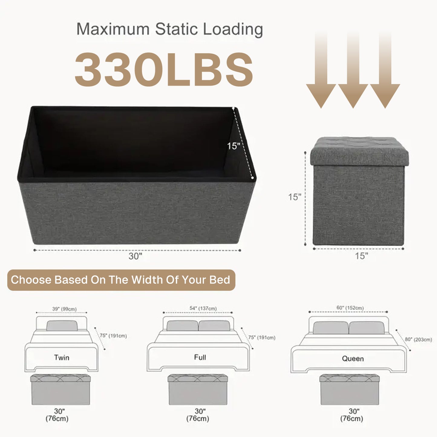 Behome Ottoman with Storage, Foldable storage ottoman bench, 30 Inch End of Bed Bench with Flipping Lid for Bedroom, Living Room,Gray