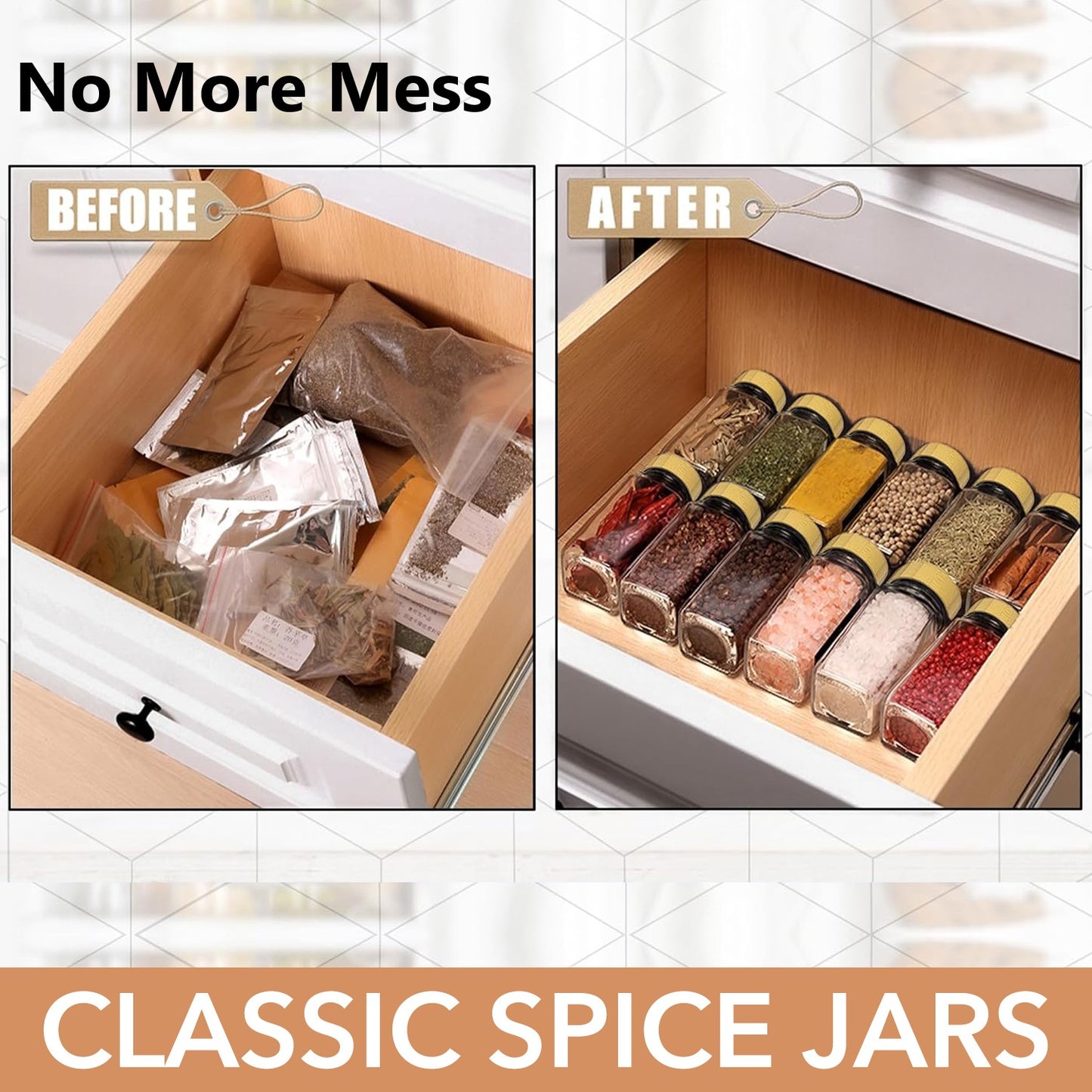 Behome 24 Pcs Glass Spice Jars with Bamboo Lids, 4oz Empty Square Spice Bottles with Shaker Lids, Labels, Funnel, Chalk Pen, Seasoning Bottles for Spice Rack, Drawer, Cabinet