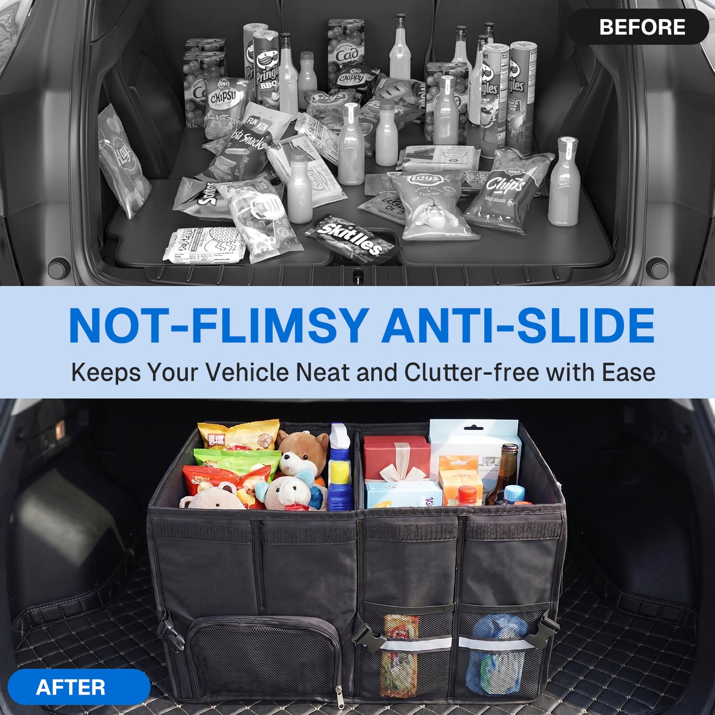 BN-LINK Collapsible Trunk Organizer, 24"L x 14"W x 12"H Car Trunk Organizer with Lid, Multi-Compartment Cargo Organizer for SUV, Truck, Sedan,Black
