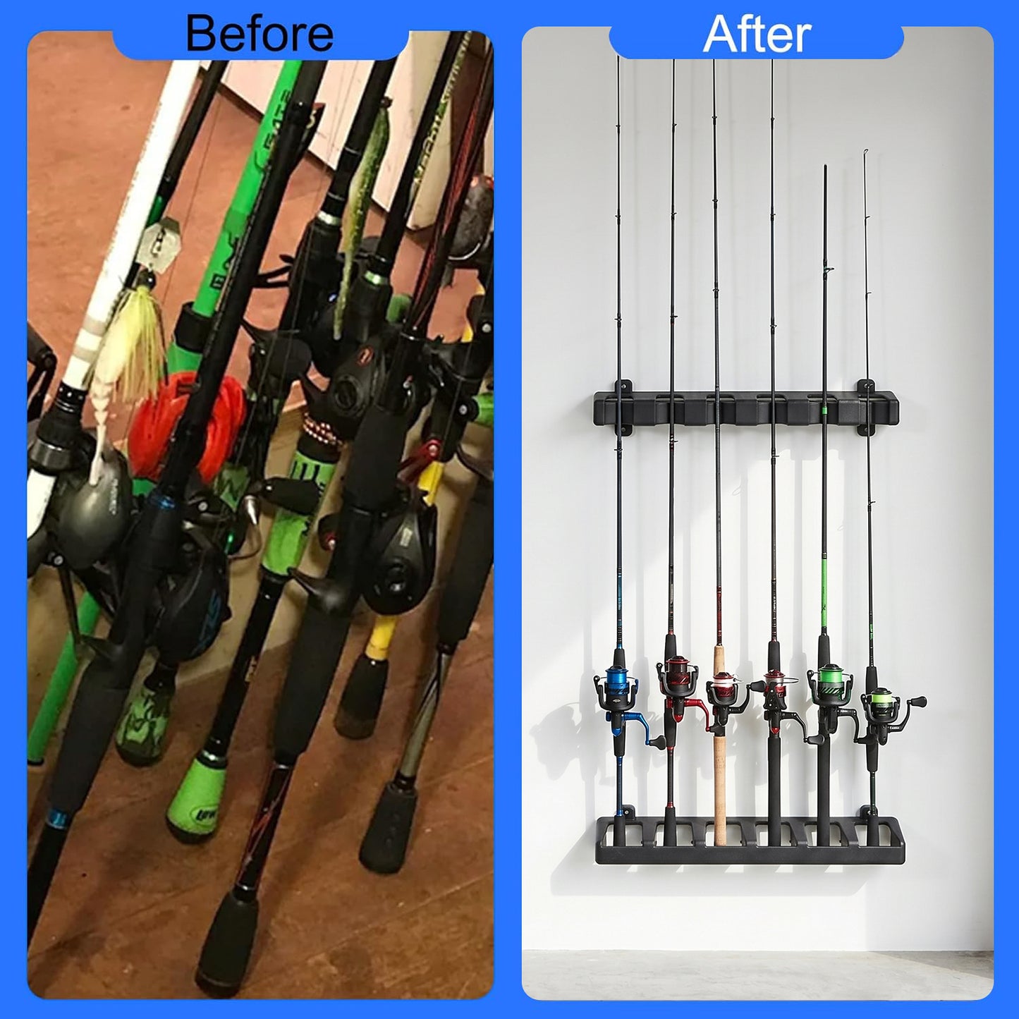 BN-LINK Wall-Mounted Fishing Rod Holder, Holds Up to 6 Rods, Fishing Pole Rod Rack, Easy-To-Mount Fishing Pole Holders for Garage, Fishing Gear and Gifts for Men