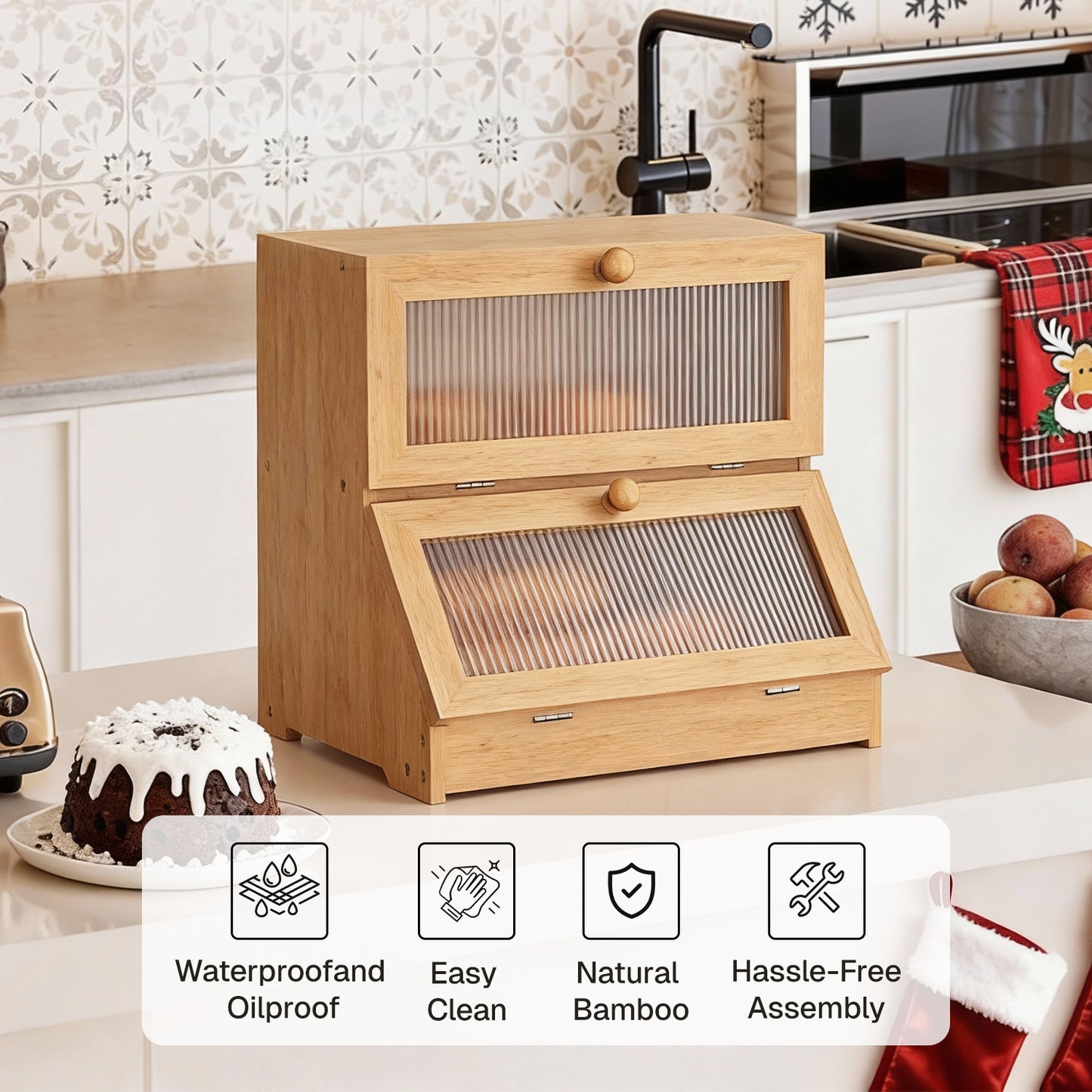 BN-LINK Double Layer Bamboo Bread Box, Large Capacity Bread Storage Bin with Window, Farmhouse Food Organizer for Kitchen Counter, Natural Bamboo