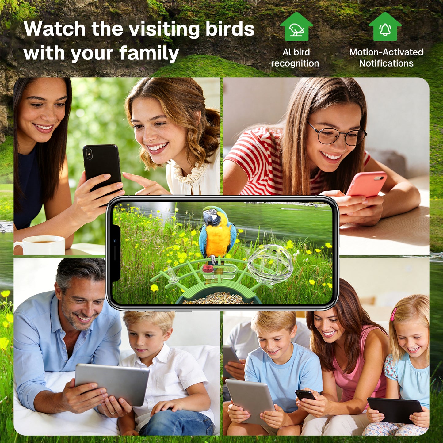 BN-LINK Bird Feeder with Camera,Smart Bird Feeder, 2K HD AI Identify Birds Species, Outdoor Bird Feeder with 3W Solar Panel, 1.5L Capacity,Green