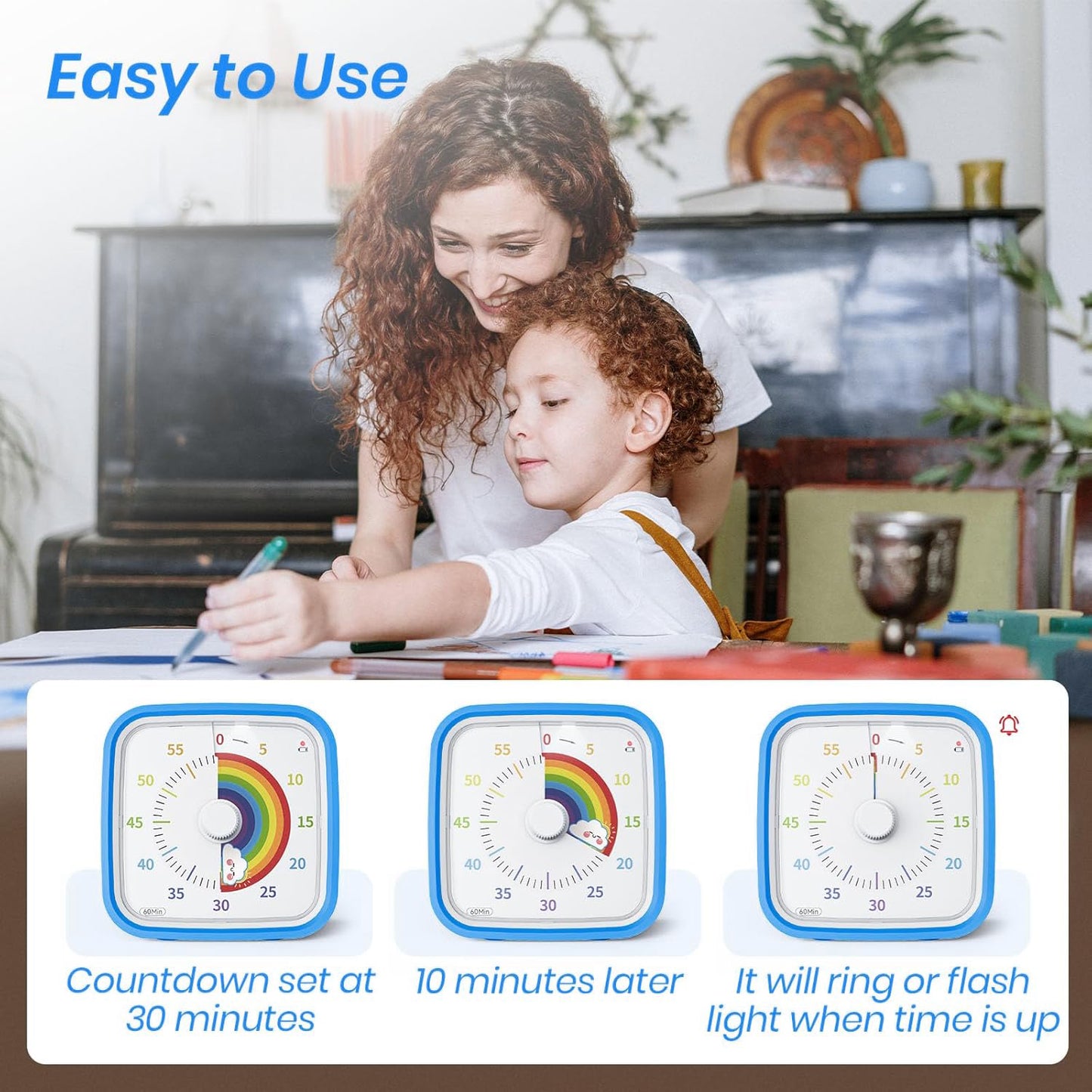 Behome 60-Minute Visual Timer for Kids with Night Light, Silent Operation Countdown Kitchen Timer, Drop-resistant Classroom Timers for Study, Office, Kitchen
