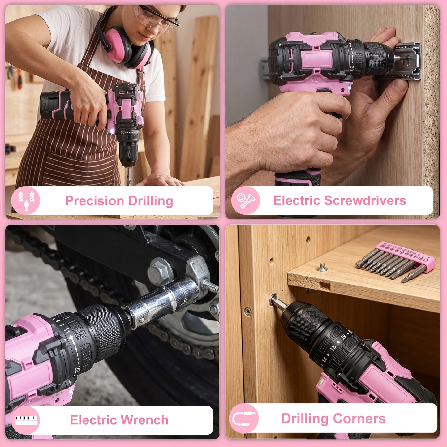 BN-LINK 16.8V Cordless Drill, 66Pcs Electric Power Drill Set, 20+1 Torque Setting,Lightweight Power Drill Tool Set for Home DIY Projects, Pink