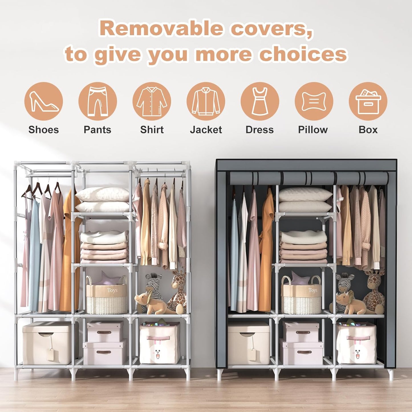 BN-LINK Portable Closet Wardrobe, Wardrobe Closet Organizer with Non-Woven Fabric Cover, 8 Compartments, Large Clothes Storage Organizer, 51.2x 17.7 x 67 Inches, Gray