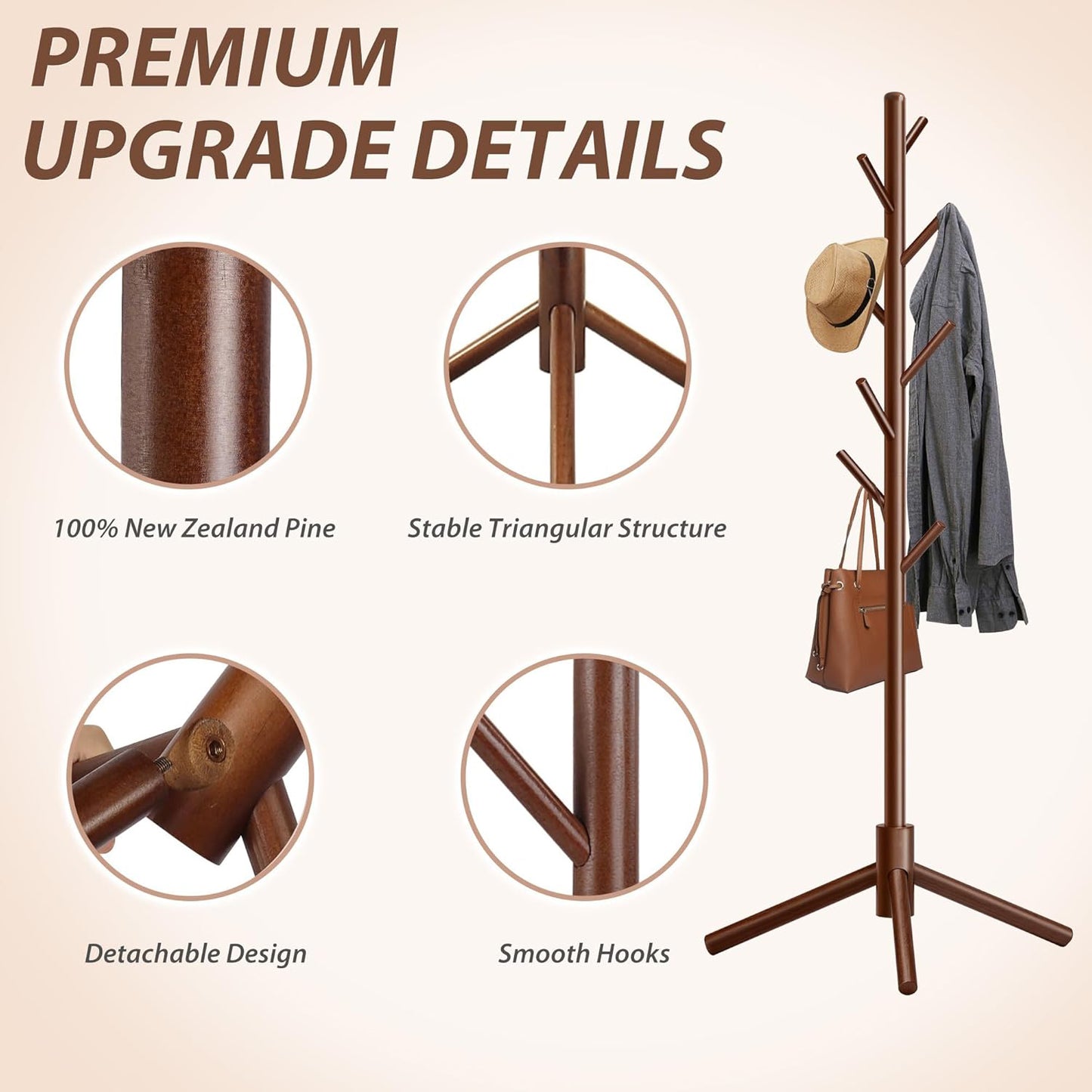 Behome Wooden Coat Rack, Solid Freestanding Coat Rack with 8 Hooks and 3 Adjustable Size, Hall Coat Tree for Bedroom, Entryway, Living Room, for Hats, Coats, Handbags, Brown