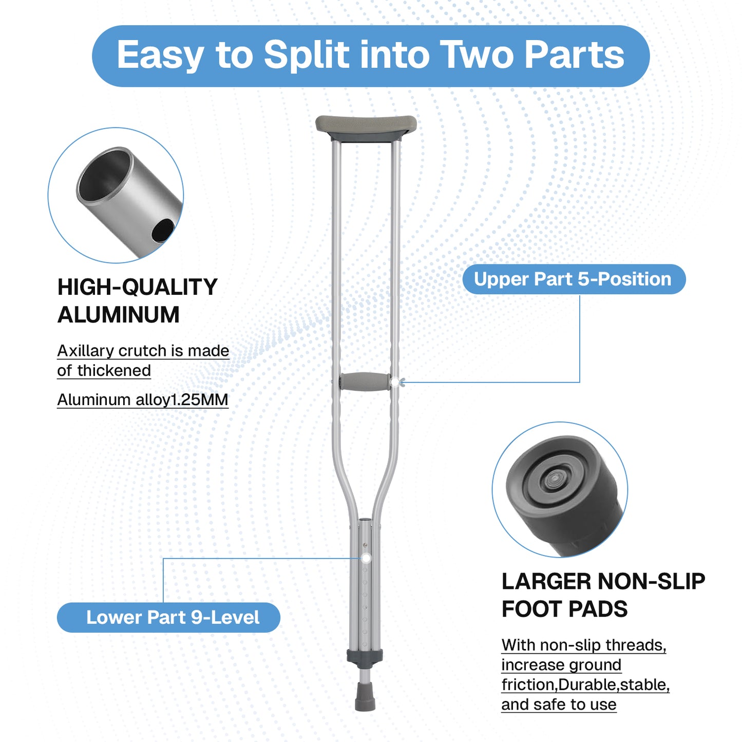 BN-LINK Adjustable Crutches for Adults,Lightweight Aluminum Crutches,Walking Crutches with Underarm Pad and Handgrip,330 LBS Weight Capacity,Heights 4'7" to 6'1",1 Pair