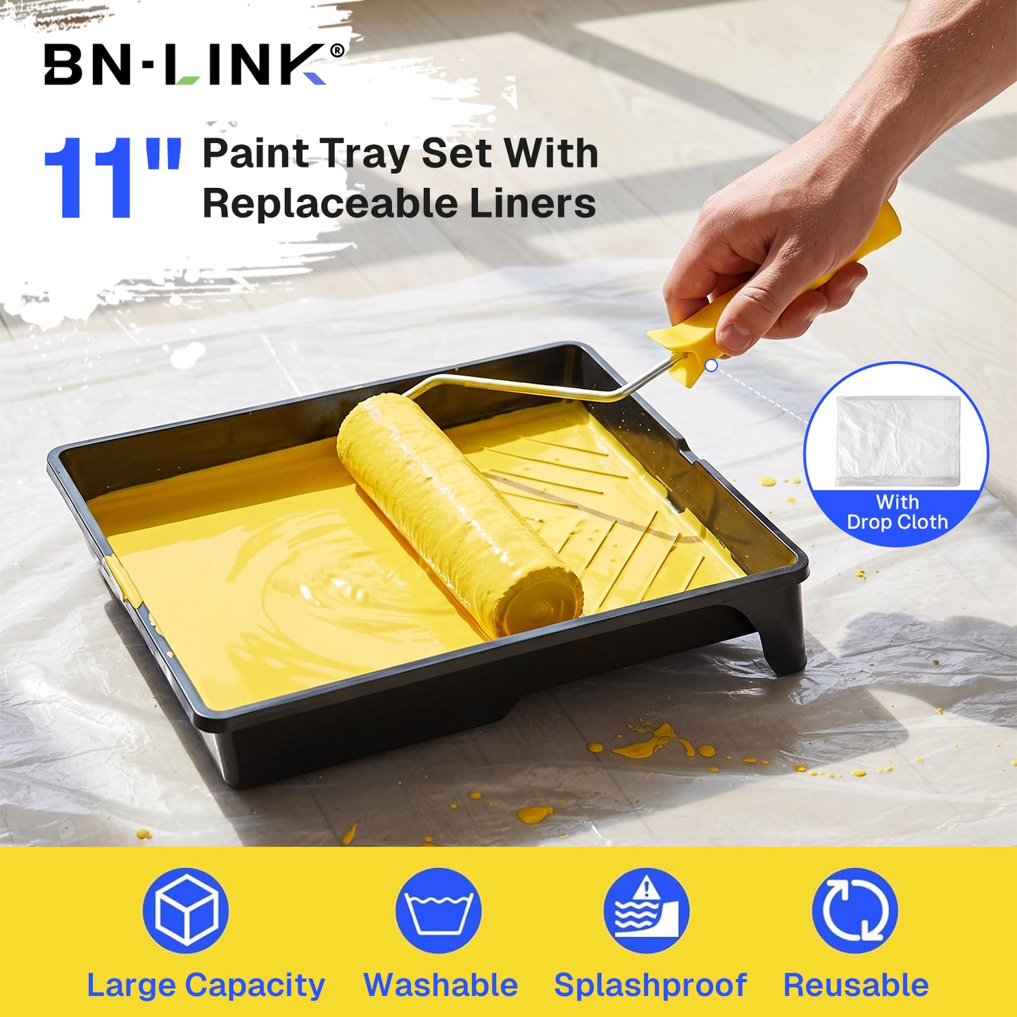 BN-LINK 15-Piece Paint Roller Kit, 9 Inch & 4 Inch Paint Roller Set with Extension Pole, Paint Tray, Paint Brush, Drop Cloth & Stir Stick, Painting Supplies for Walls & Room Painting
