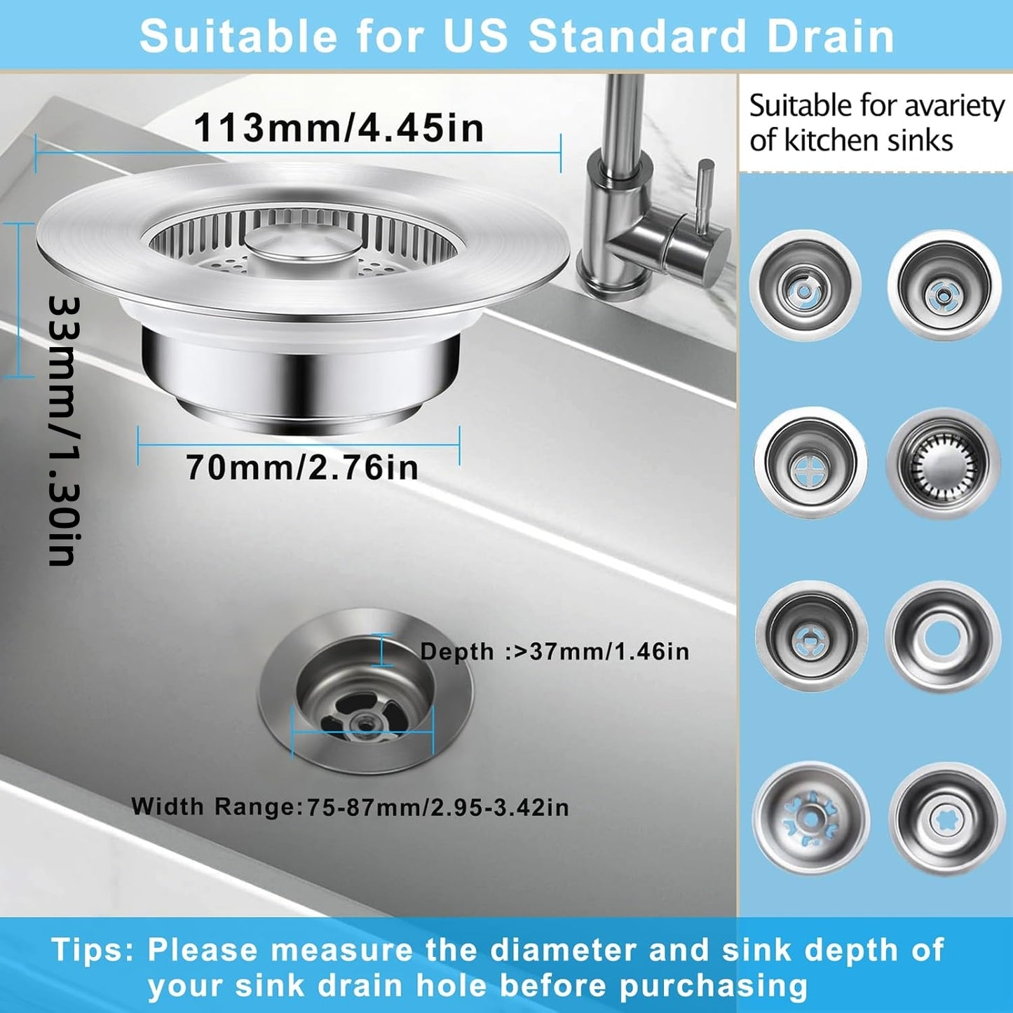 Behome 3 in 1 Kitchen Sink Drain Strainer, 304 Stainless Steel Pop Up Sink Stopper, Fits Standard 3-1/2 Inch Drain Hole, Universal Sink Protector Cover, Anti-Clogging Design, Silver