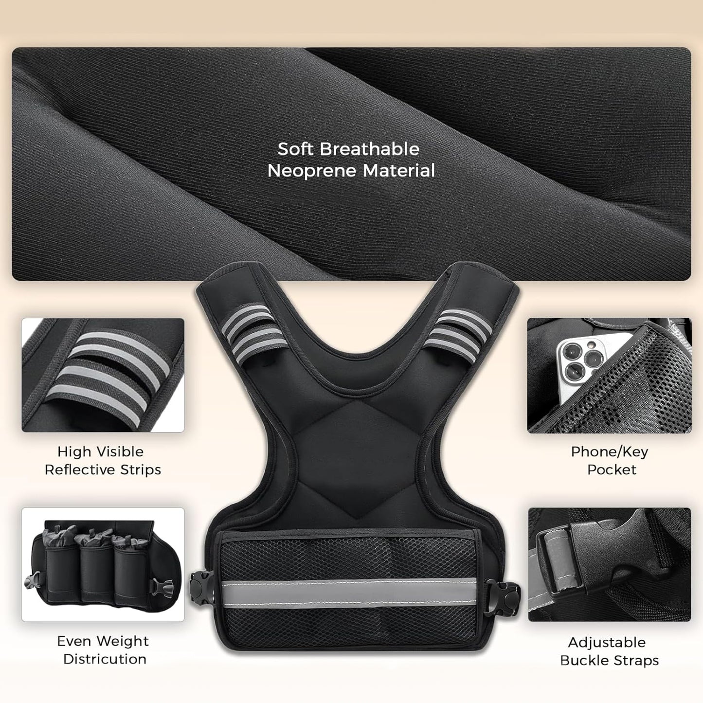 Behome Adjustable Weighted Vest, 7-11lb Vest with 6 Ironsand Weights, Large Pocket & Reflective Strip, for Men Women, Running Walking Exercise Workout